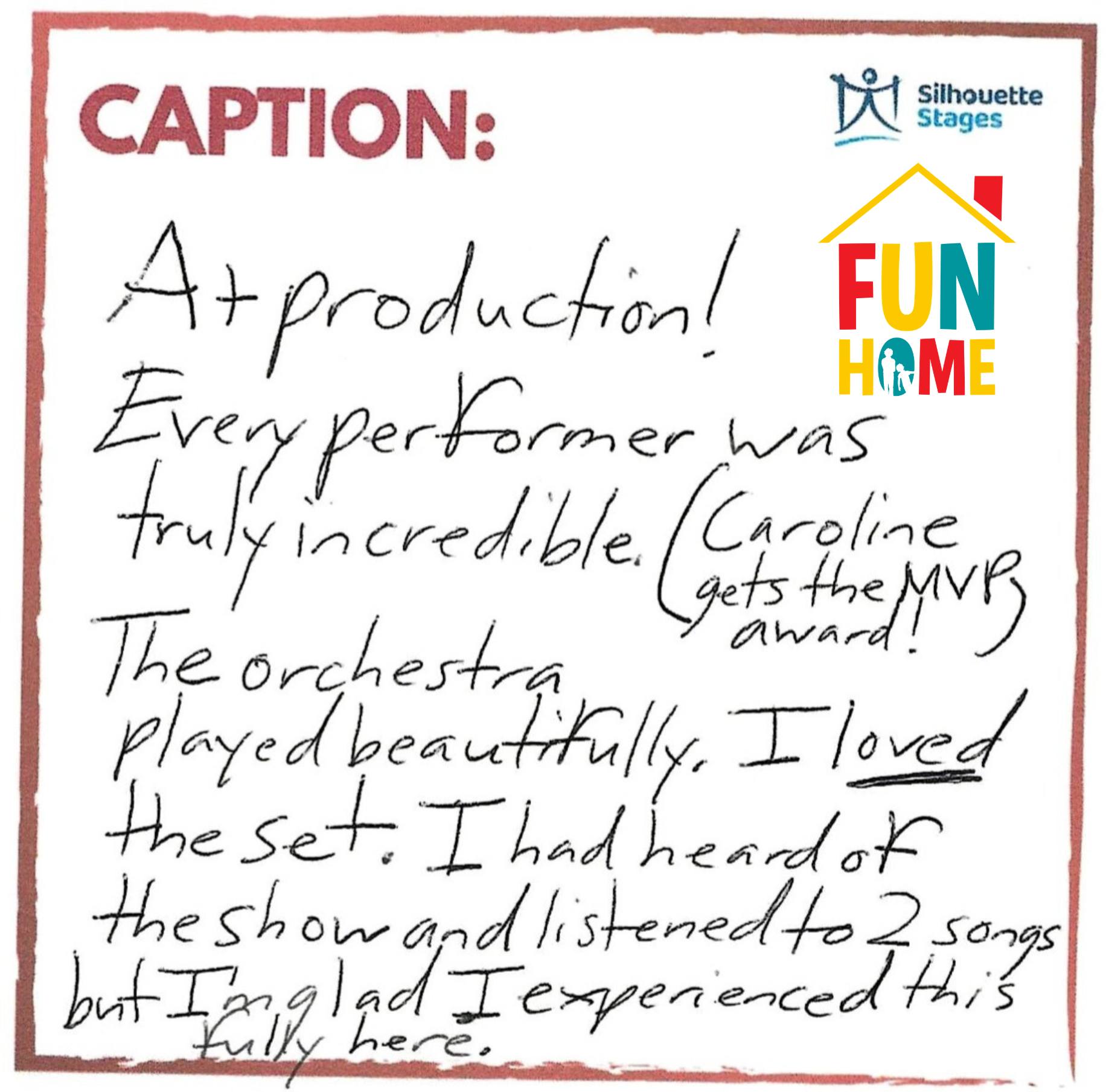 More amazing audience feedback from the opening weekend of Fun Home at Silhouette Stages! Get your tickets now at our website. Only two weekends left! #funhome #silhouettestages #communitytheater #columbiamd