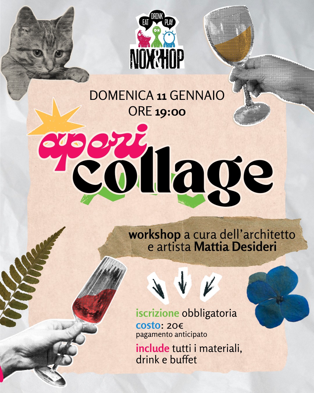 Domenica 11 gennaio, alle 19 🎨 AperiCollage🍹
Un aperitivo artistico dedicato al collage, con cosine buone da bere e da mangiare 🍟
Workshop a cura di Mattia Desideri @made_inmind, che ci introdurrà alla tecnica del collage e fornirà i materiali per lasciare libero spazio alla creatività! 📚
📎Condividi un'esperienza diversa dal solito e lasciati ispirare!
📣 Posti limitati! Si richiede il pagamento anticipato 🖌 scrivici in DM o al 351 694 1458
📍 Nox&Hop pub ludoteca Viale Ivo Montagni 190 Limite sull'Arno