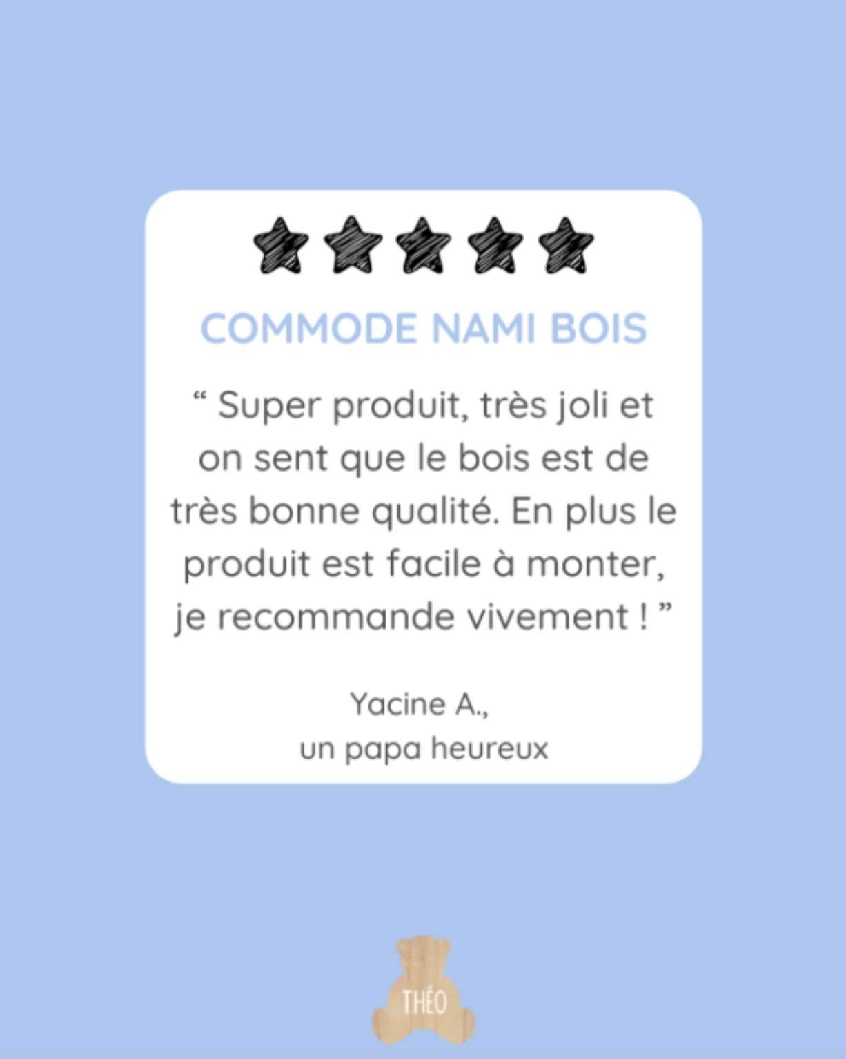 Merci Yacine A. !
“Super produit, très joli et on sent que le bois est de très bonne qualité. En plus le produit est facile à monter, je recommande vivement !”
Un papa heureux de sa commode Nami Bois 🌿
Chez Théo Bébé, la qualité et la simplicité d’utilisation sont toujours au cœur de nos créations
✨ Votre avis compte autant que nos meubles !
💌 Partagez-nous vos photos et impressions !
#ThéoBébé #NamiBois #ChambreBébé #AvisClient #BoisNaturel #cocondebébé #mobilierdurable #ChambreBébé #litenfant #rotin #designnaturel #chambreBebe