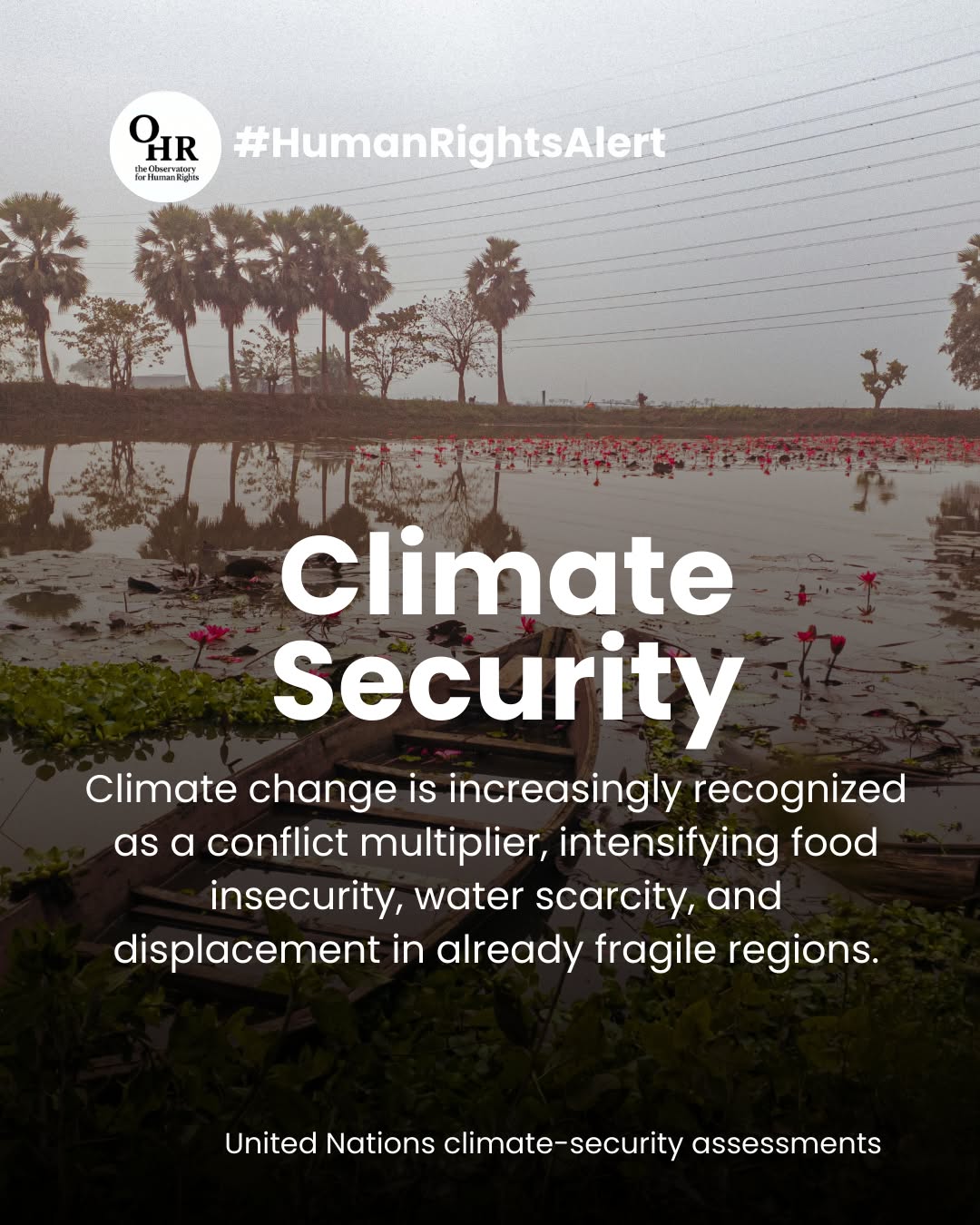 Climate change is increasingly recognized as a major driver of global instability, intensifying food insecurity, water scarcity, and displacement in already fragile regions. ⚠️
Environmental stress can exacerbate existing inequalities and tensions, increasing the risk of conflict and humanitarian crises.
Addressing climate change is therefore not only an environmental necessity, but also a crucial step in protecting human rights, stability, and global security. 🌱
📌 Source: United Nations Climate and Security Assessments
👉 Climate justice is human rights justice.
#ohr #theobservatoryforhumanrights #humanrights