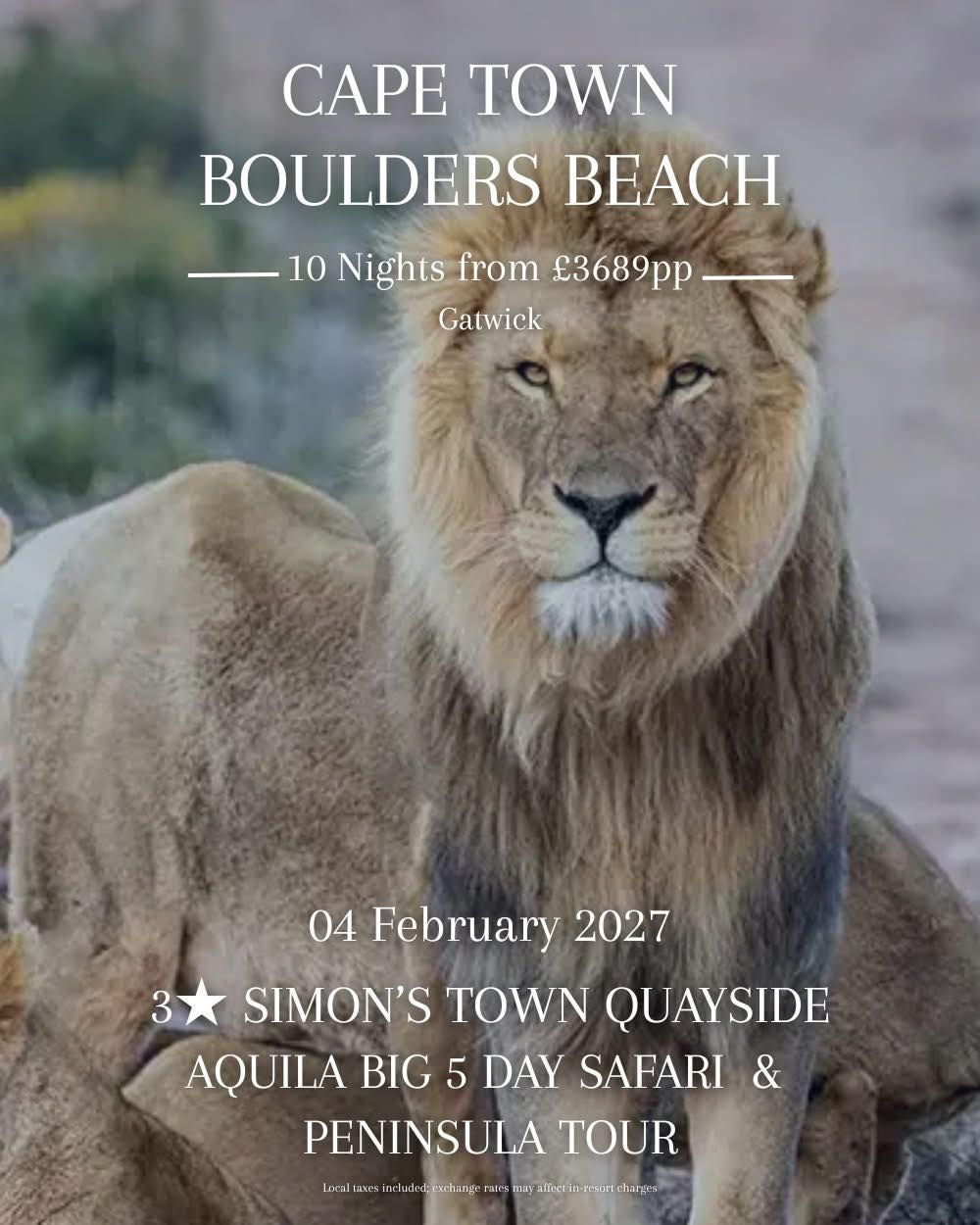 🐧 Cape Town & Safari Adventure
A fantastic mix of coastal scenery, wildlife and one of the most beautiful cities in the world.
🗓 10 nights from £3,689pp
📅 Departure 4 February 2027
Stay in charming Simon’s Town, just moments from famous Boulders Beach, home to South Africa’s much loved colony of African penguins. Your sea facing room gives you wonderful views across False Bay and a peaceful base for exploring the Cape.
During your stay you’ll experience some of the highlights of the region including the spectacular Cape Peninsula, dramatic coastal roads and, of course, a Big Five safari.
Your holiday includes
✈ International return flights with 23kg baggage
🚗 Private return airport transfers
🏨 10 nights at Simon’s Town Quayside Hotel
🌊 Sea facing room with breakfast
🌄 Private half day Cape Peninsula tour
🦁 Aquila Big Five day safari including game drive, lunch and transfers
Example departures
✈ London Gatwick from £3,689pp
✈ Dublin from £4,109pp
✈ Edinburgh from £4,175pp
✈ Birmingham from £4,195pp
✈ Glasgow from £5,179pp
Alternative departure
✈ Manchester 5 February 2027 from £4,129pp
💳 Deposit from £125pp
✔ No local fees payable
A brilliant option if you want to combine Cape Town’s scenery and coastline with a safari experience in one trip.
📞 07856 872978
📧 nctravel@travel-pa.com
🌍 www.nctravel.co.uk
#NCTravelUK #CapeTown #SafariHoliday