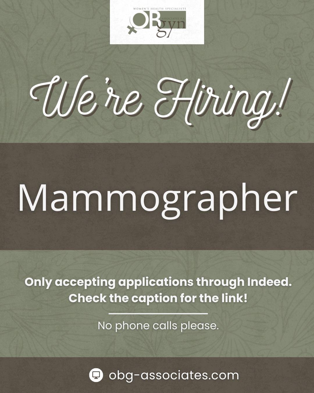 Our dedicated team is looking for a Mammographer! We are only accepting applications through Indeed. Please do not call us about applying. Thank you!
Apply at https://www.indeed.com/cmp/Obstetrics--gynecology-Associates,-P.a./jobs?jk=a66778178cc7eb1f&start=0#.
-
📍 1793 Cliff Gookin Blvd, Tupelo, MS 38801
-
#OBGYNandAssociates #TupeloOBGYN #TupeloMS #OBGYN #WomensHealth #ReproductiveHealth #Obstetrics #Gynecology #WeAreHiring #Mammographer