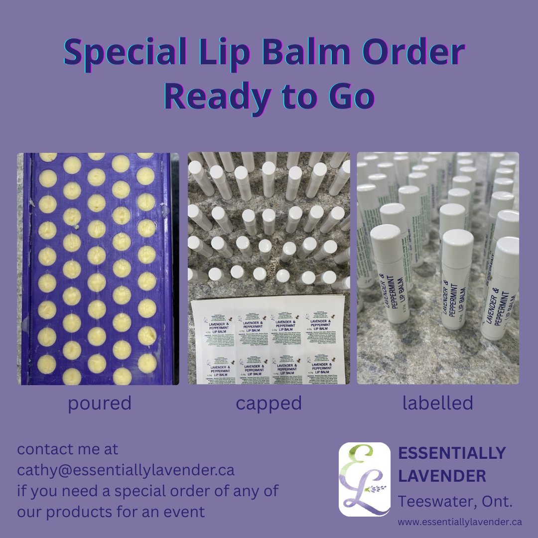 A special order poured, capped, labelled and ready to go. If you have an event or special occasion and are looking for something local and unique, contact cathy@essentiallylavender.ca with your requirements and we will try to satisfy your needs.
#specialorder #lavender #smallbatchnaturallavender #buylocal #brucecounty #teeswater #wingham #lucknow #walkerton #kincardine #southbrucecommunitybusinessassociation