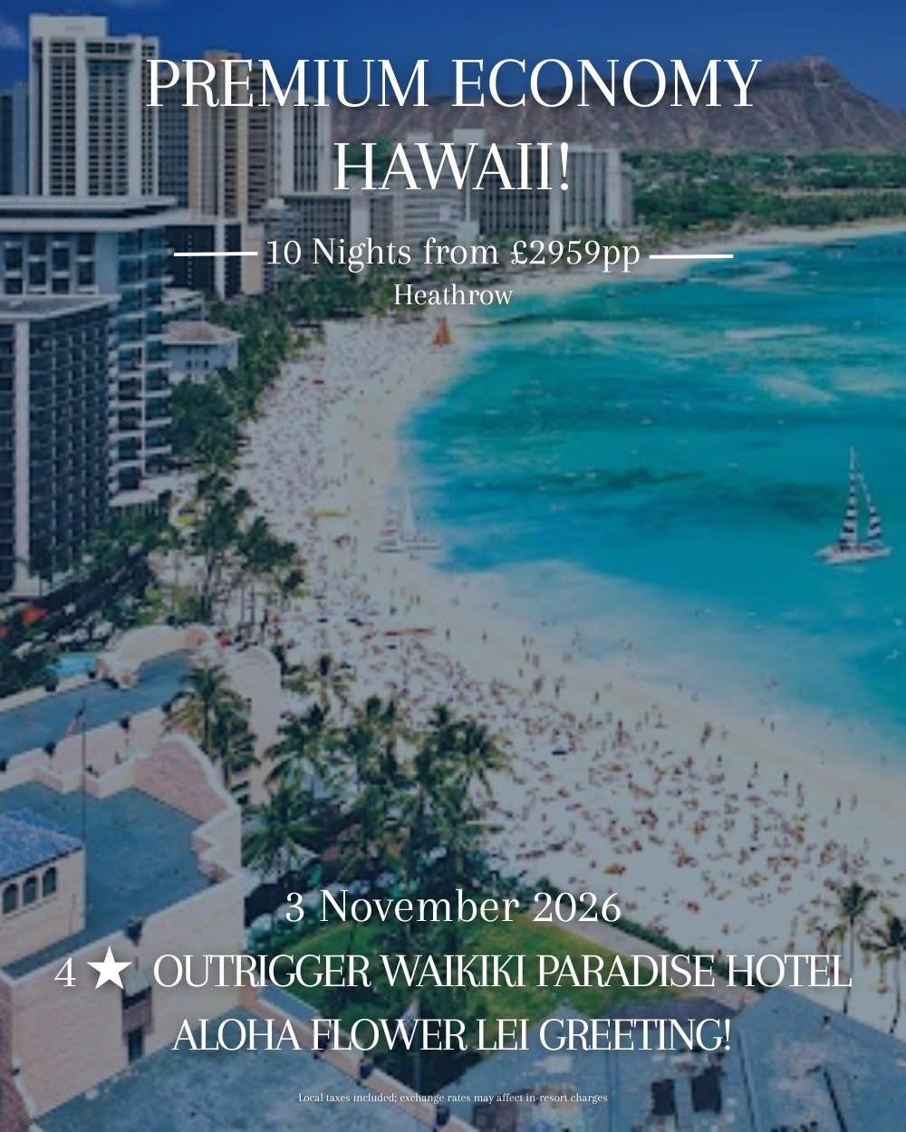 🌺 Hawaii Premium Economy Escape – Waikiki Beach
Hawaii has that real bucket list feel. Warm Pacific waters, golden beaches, sunsets over the ocean and the relaxed island lifestyle that makes you slow down the moment you arrive.
🗓 10 nights from £2,959pp
📅 Departure 3 November 2026
Stay right in Waikiki, one of the most famous beach destinations in the world, at the 4★ OUTRIGGER Waikiki Paradise Hotel. A brilliant base for exploring Honolulu, relaxing on Waikiki Beach or heading out to discover Oahu’s incredible scenery.
Your holiday includes
✈ International Premium Economy flights
🏨 10 nights at 4★ OUTRIGGER Waikiki Paradise Hotel
🛏 Standard room (Room Only)
🌺 Traditional Aloha flower lei greeting on arrival
🚐 Return shared airport transfers
✔ Resort fee already included
Example departures
✈ London Heathrow from £2,959pp
✈ Glasgow from £3,179pp
✈ Manchester from £3,594pp
💳 Deposit from £125pp
✔ No local resort fees payable
A fantastic option if Hawaii is on your travel wish list and you want the added comfort of Premium Economy flights for the long journey.
📞 07856 872978
📧 nctravel@travel-pa.com
🌍 www.nctravel.co.uk
#NCTravelUK #HawaiiHoliday #WaikikiBeach