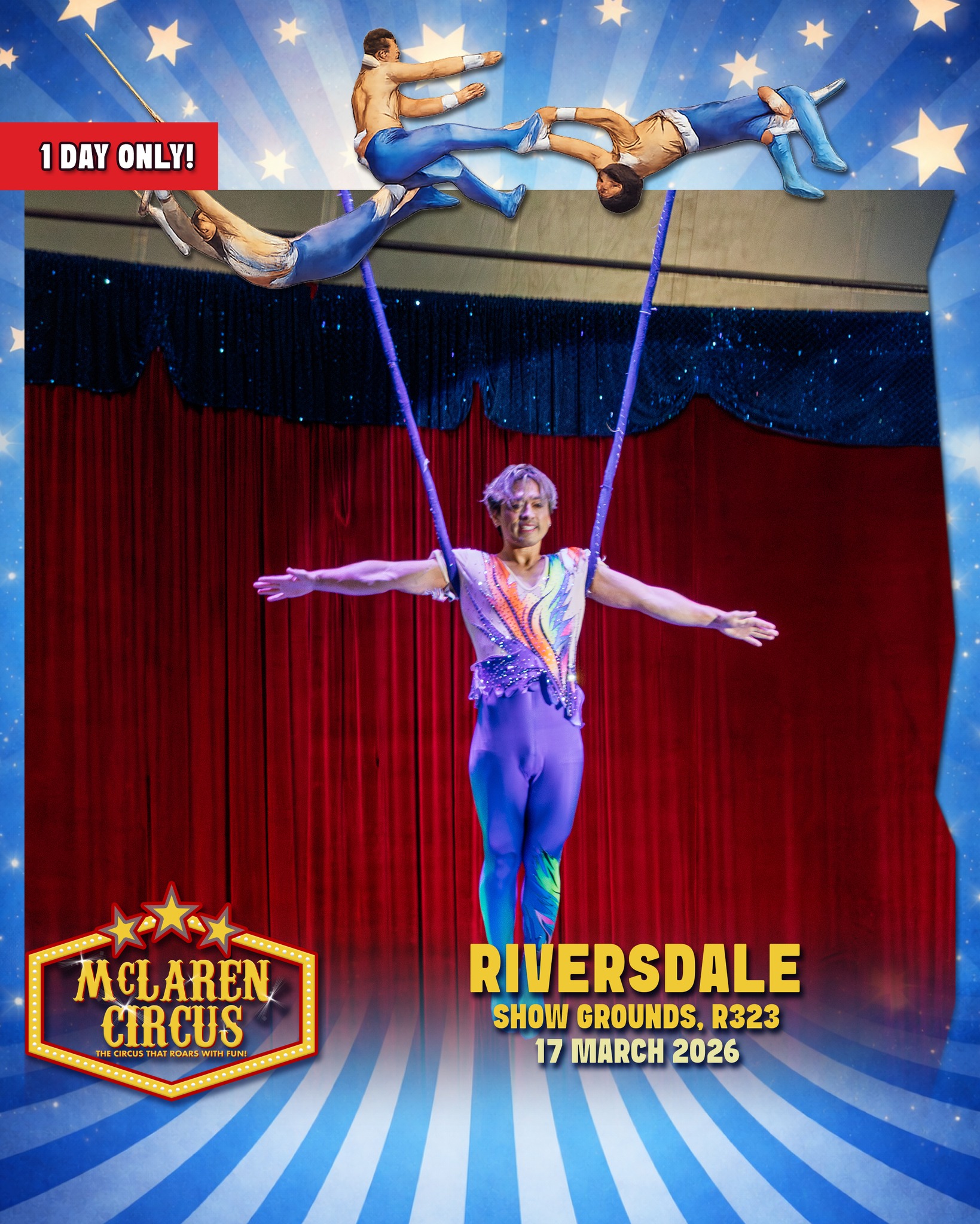 🎪✨ Don't blink #Riversdale, or else you will be the circus!✨🎪
Experience an unforgettable International Circus Spectacular, packed with thrilling action, breathtaking performances, and timeless circus magic for the whole family.
🗓️ SHOW TIMES:
• Tue, 17 Mar 2026 @ 6 PM (50% OFF - use code "50RIV26" | Online sales only | First 20 claimers)
🎟️ Ticket Prices:
Side Chairs R175 | Raised Chairs R225
Silver Ringside R250 | Gold Ringside R285
🎪 Ticket Office opens daily at 12 PM on show days
www.mclarencircus.co.za | WHATSAPP: http://wa.me/message/BGE2GJWJ5DLDC1