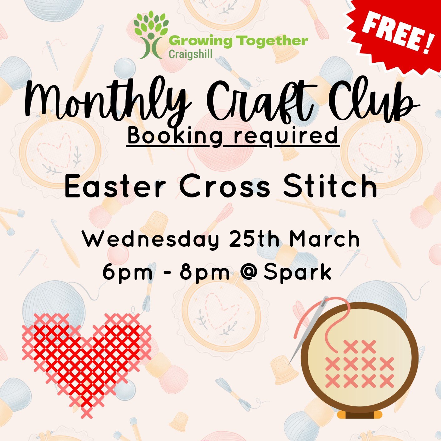🐣 Monthly Craft Club – Easter Cross Stitch 🧵
Join us at Spark for our next Monthly Craft Club session where we’ll be creating Easter-themed cross stitch designs!
📅 Wednesday 25th March
⏰ 6pm – 8pm
📍 Spark (2 Almondbank, The Mall, Livingston, EH54 5EJ)
✨ A relaxed, friendly session for anyone who enjoys crafting
⚠️ Booking is required
To book your space, please email:
📧 Kirsty@sparkscot.com
We’d love to see you there! 💛
Spark Almond Housing Association West Lothian Youth Action Project