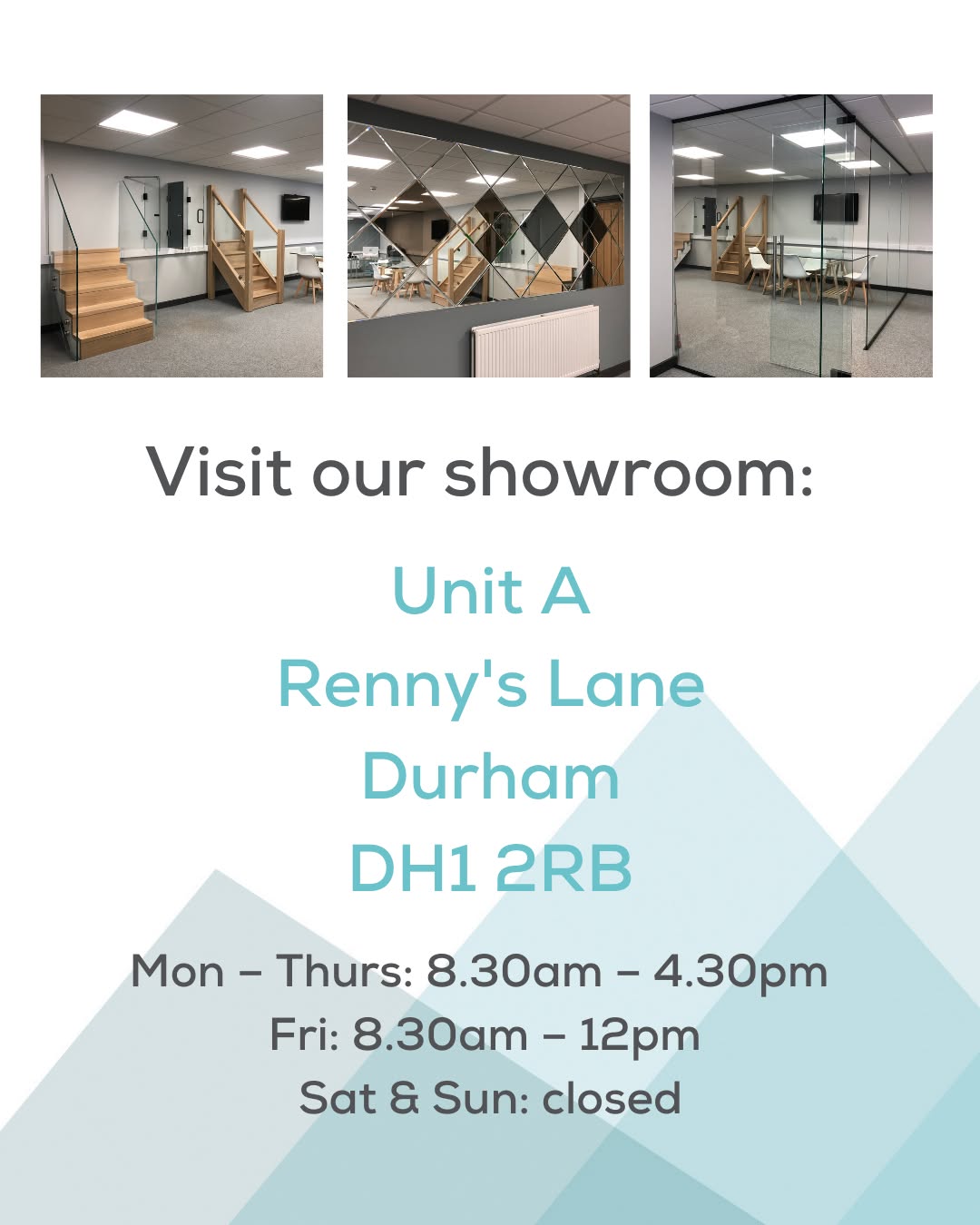 Visit our Durham showroom and you can see for yourself our fantastic of range glass products and design solutions.
Opening hours:
✨Mon – Thurs: 8.30am - 4.30pm
✨Fridays: 8.30am - 12pm
✨Sat & Sun: closed
We're located in Dragonville, only 5 minutes from the A1.
#glasssupplier #durhambusiness