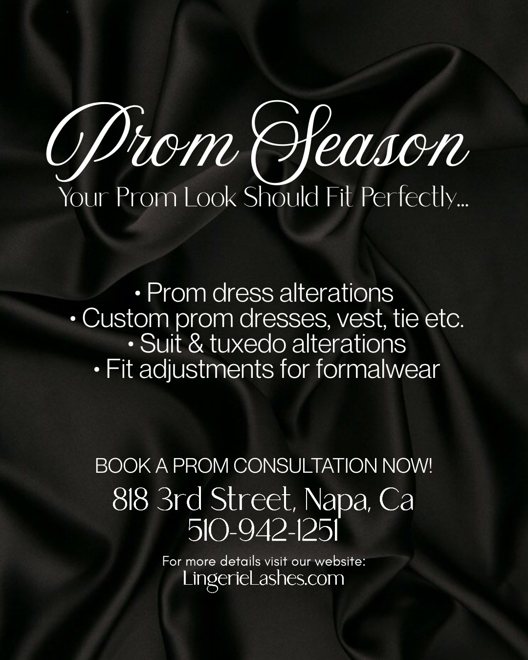 Currently accepting a limited number of prom clients for both dresses and men’s formalwear alterations.
-
Services include:
• Custom prom dress design
• Prom dress tailoring and alterations
• Suit and tuxedo alterations
• Fit adjustments for formalwear
• Design consultations
-
Whether you need a dress tailored beautifully or a suit adjusted for the perfect fit, I’d love to help. Limited spots available for prom season.
-
#PromSeason
#PromDressAlterations
#SuitAlterations
#bayareaseamstress
#PromReady