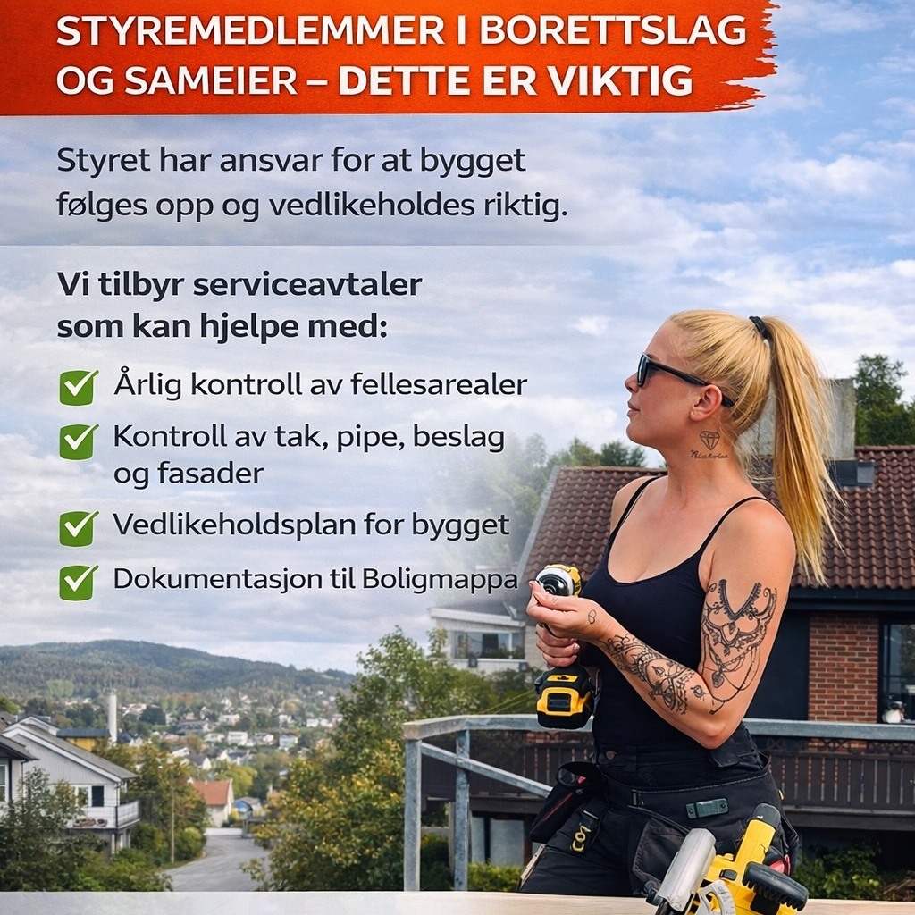 🏢 Styremedlemmer i borettslag og sameier – dette er viktig
Styret har ansvar for at bygget følges opp og vedlikeholdes riktig.
Vi tilbyr serviceavtaler som kan hjelpe med:
✔ Årlig kontroll av fellesarealer
✔ Kontroll av tak, pipe, beslag og fasader
✔ Vedlikeholdsplan for bygget
✔ Dokumentasjon til Boligmappa
Dette gjør vedlikeholdet mer oversiktlig og forutsigbart.
📩 Ta kontakt på www.serviceavtale.no