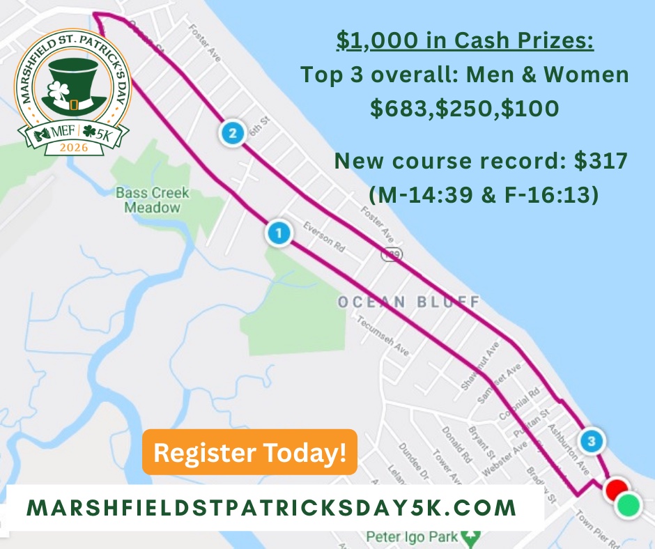 🏃♂️🍀 Fast course. Big prizes. Ocean views.
Run our flat, fast, USATF-certified 5K along the ocean and compete for cash prizes:
🥇 $683
🥈 $250
🥉 $100
Break the course record and earn an extra $317
Current records: 14:39 (M) | 16:13 (F)
🏅 Age group awards for 1st–3rd place
🍻 Epic finish parties at the pubs and restaurants of Brant Rock
Fast runners, casual runners, and spectators welcome — a fun day for everyone!
Register today!
https://www.marshfieldstpatricksday5k.com/