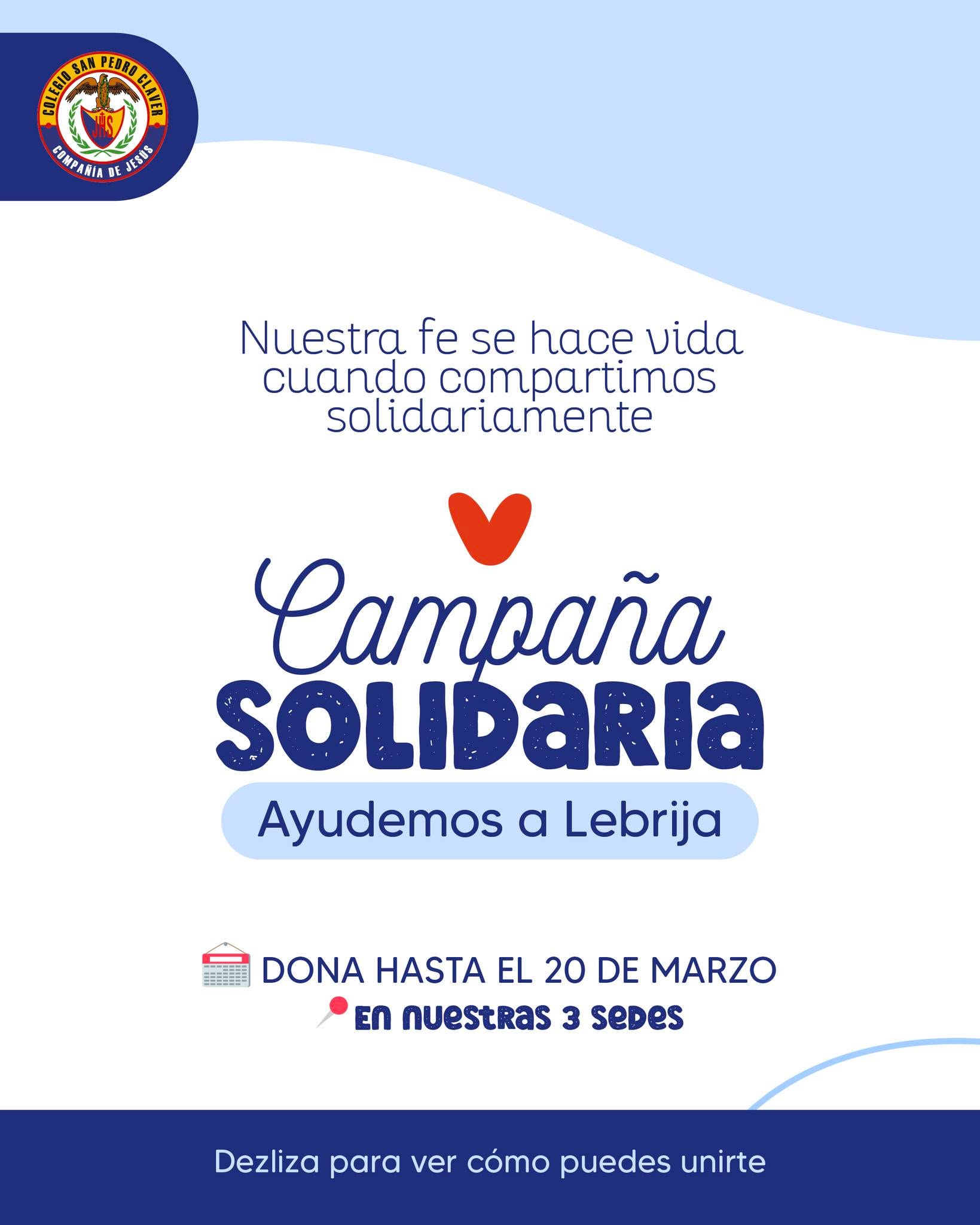 ✨ En este tiempo de Cuaresma somos llamados a mirar hacia dentro, a renovar el corazón y a vivir nuestra fe de manera auténtica en lo cotidiano. Es un tiempo de conversión, reflexión y encuentro con Dios, que también nos invita a mirar con amor y solidaridad a quienes más lo necesitan.
Este año, desde el área de Pastoral, nuestro eje central es la solidaridad: una fe que se convierte en gestos concretos de servicio y compromiso con los demás. Por eso lanzamos la campaña “Nuestra fe se hace vida cuando compartimos solidariamente”, una iniciativa para apoyar a las familias afectadas por las fuertes lluvias en la zona rural del municipio de Lebrija. 🤝💙
📦 Durante esta campaña estaremos recibiendo alimentos no perecederos, ropa, zapatos, toallas, utensilios de cocina, colchones y otros elementos que puedan brindar alivio y esperanza a quienes hoy atraviesan momentos difíciles.
🗓 Fecha: del 18 al 20 de marzo
📍 Lugar: en las 3 sedes del colegio
Cada aporte cuenta y cada gesto es una forma de hacer vida nuestra fe. 🙏
💫 Te invitamos a sumarte, compartir y donar. Juntos podemos ser signo de esperanza y solidaridad para muchas familias.
#NuestraFeSeHaceVida #CuaresmaSolidaria #AmaryServir 🤲💛