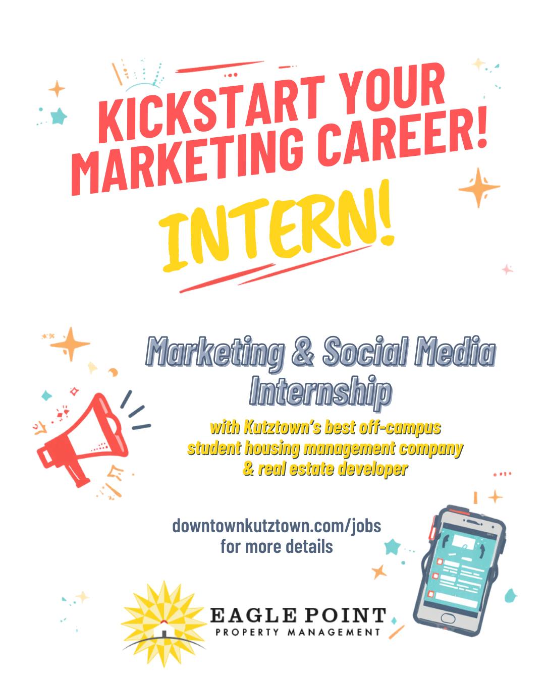 ❤️ Love social media?
📱 Always on Instagram or TikTok?
🎓 Want real marketing experience?
We’re hiring a Marketing & Social Media Intern to help create posts, reels, and student-focused content.
More: www.downtownkutztown.com/jobs
#downtownkutztown #eaglepoint #GoldenBears #ku #kutztownuniversity #livehowyouwant #collegelife #jobopening #intern