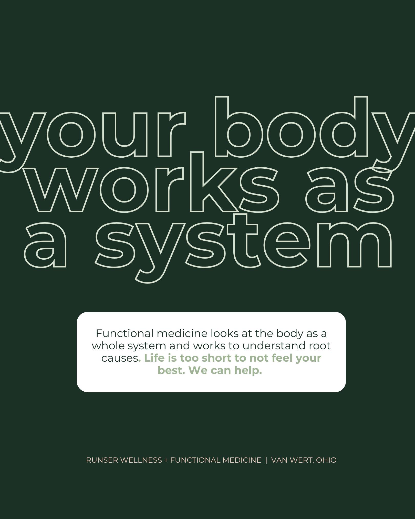 At Runser Wellness, we view your body as an interconnected system.
Life is too short not to feel your best!
Let us support you on your journey to optimal health and vitality.
Functional medicine helps us identify the root causes of health issues rather than just treating symptoms.
#RunserWellness #HolisticHealth #FunctionalMedicine