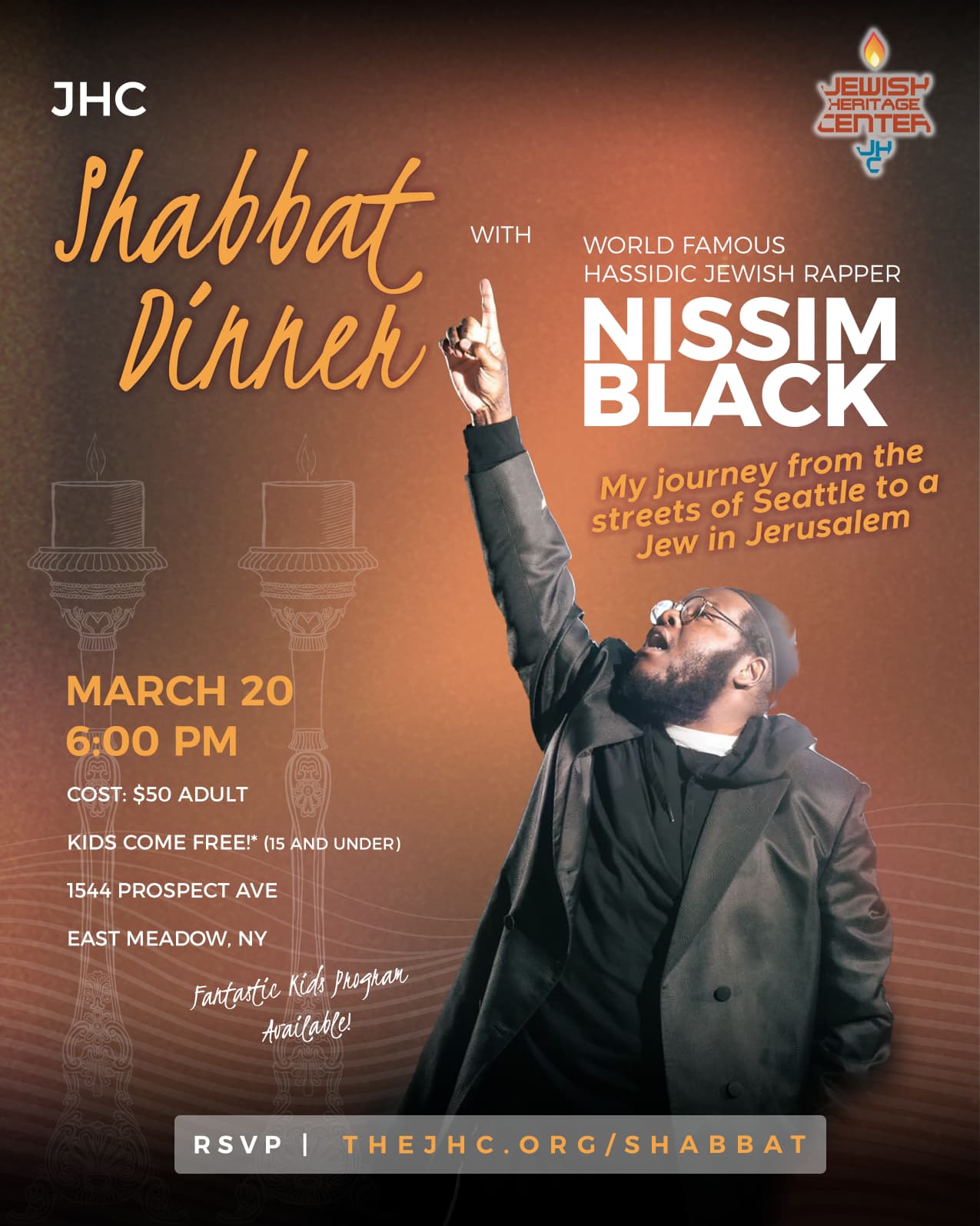 Join us for an inspiring Shabbat Dinner with Jewish rap superstar Nissim Black.
Hear his incredible journey from the streets of Seattle to a Jew in Jerusalem.
Reserve your seat here: https://www.thejhc.org/shabbat