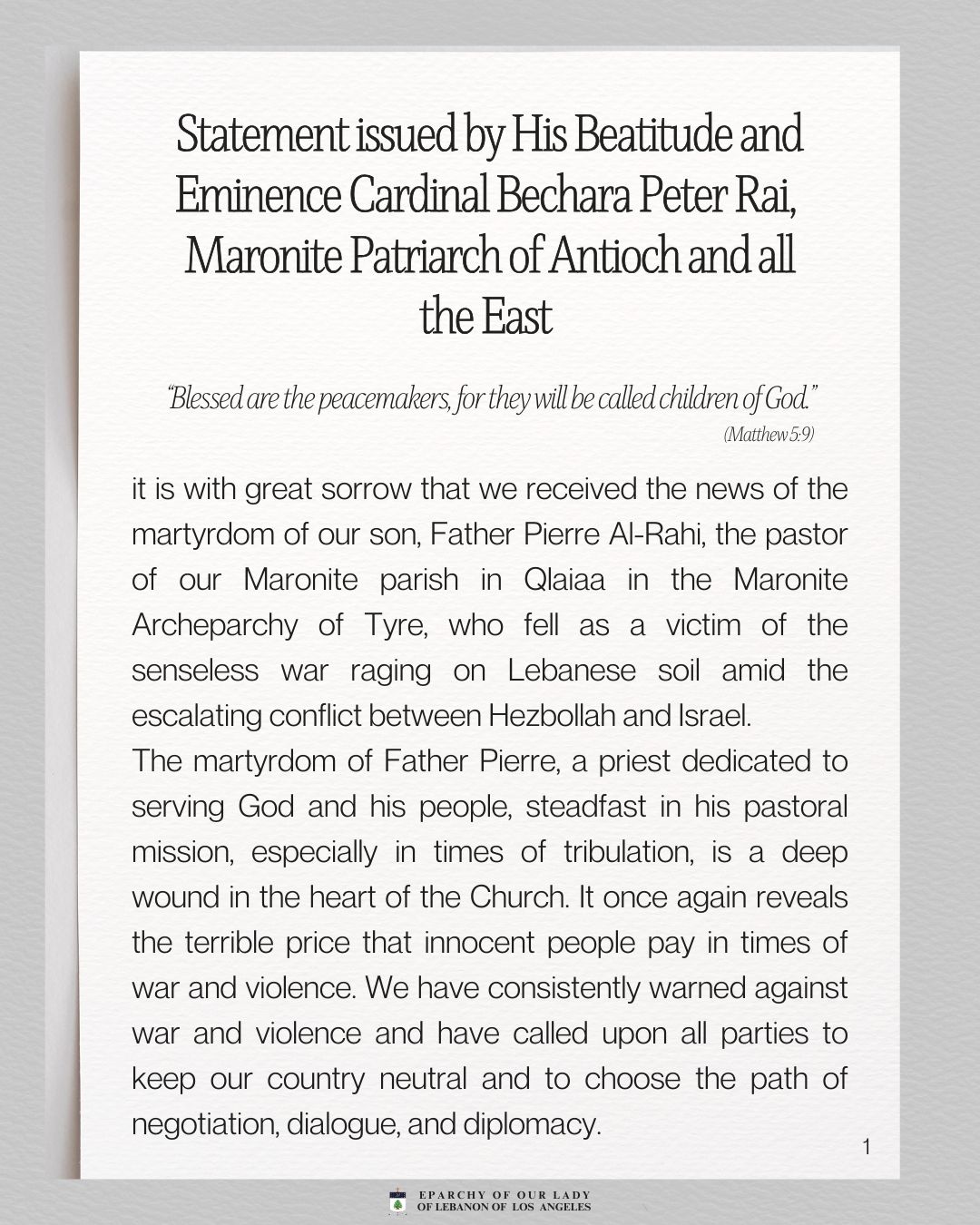 Statement issued by His Beatitude and Eminence Cardinal Bechara Peter Rai, Maronite Patriarch of Antioch and all the East