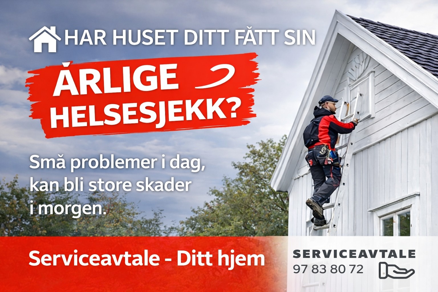 🏠 Er huset ditt klart for en årlig helsesjekk?
De fleste av oss tar service på bilen – men hva med huset?
Med en serviceavtale for boligen din får du jevnlig kontroll av viktige deler av huset, slik at små problemer oppdages før de blir store og kostbare.
✔ Kontroll av viktige bygningsdeler
✔ Råd om vedlikehold
✔ Faglærte håndverkere
✔ Trygghet for deg og familien
Et trygt hjem starter med godt vedlikehold.
📩 Les mer på www.serviceavtale.no