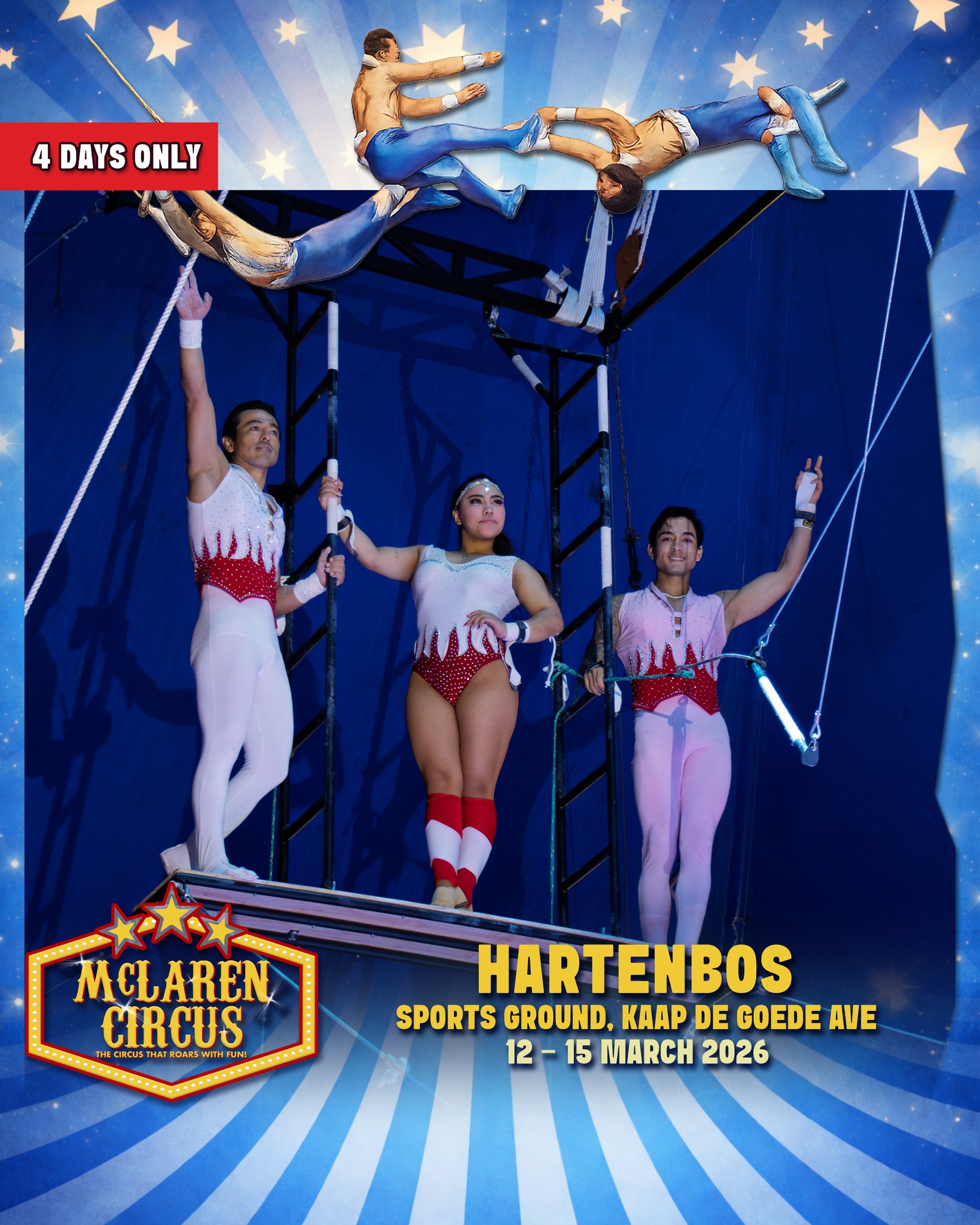 🎪✨ #Hartenbos, it's your turn to experinece our circus magic!✨🎪
Experience an unforgettable International Circus Spectacular, packed with thrilling action, breathtaking performances, and timeless circus magic for the whole family.
🗓️ SHOW TIMES:
• Thu, 12 Mar 2026 @ 7 PM (50% OFF - use code "50HAR26" | Online sales only | First 20 claimers)
• Fri, 13 Mar 2026 @ 3 PM & 7 PM
• Sat, 14 Mar 2026 @ 3 PM & 7 PM
• Sun, 15 Mar 2026 @ 3 PM
🎟️ Ticket Prices:
Benches R175 | Raised Chairs R225
Silver Ringside R250 | Gold Ringside R285
🎪 Ticket Office opens daily at 12 PM on show days
www.mclarencircus.co.za | WHATSAPP: http://wa.me/message/BGE2GJWJ5DLDC1