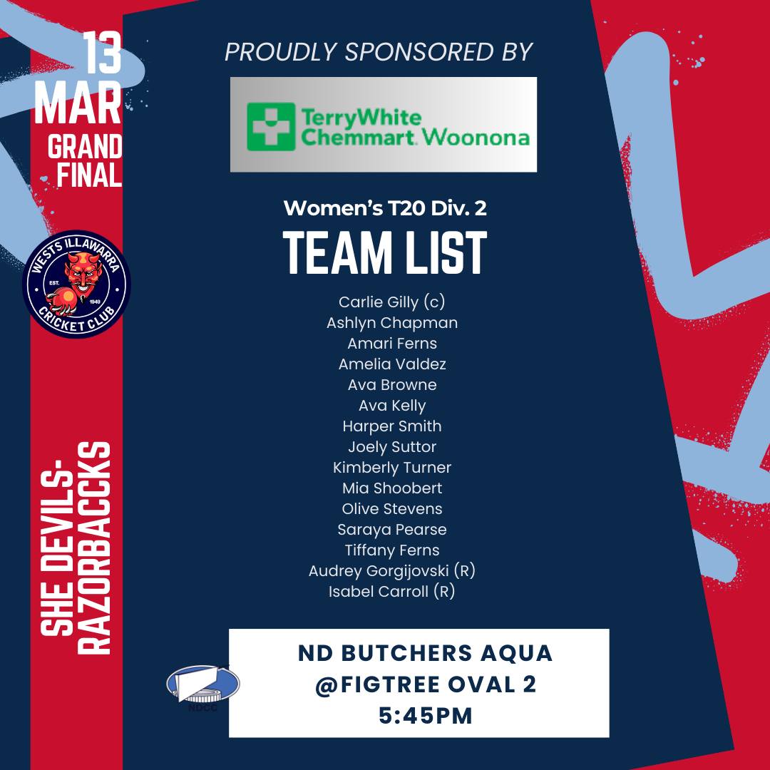 ๐จ TEAM LIST ANNOUNCED โ FINALS NIGHT! ๐จ
The Wests She DevilsโRazorbacks squad is locked in for tonightโs Womenโs T20 Division 2 Final against ND Butchers Aqua! ๐๐ฅ
These women have put together a fantastic season to earn their spot in the big dance, and tonight theyโre ready to give it everything. Now they need the red and blue army behind them! ๐ด๐ต
๐ Figtree Oval 2
๐ญ BBQ from 6pm โ come grab a snag and support the club
๐ Womenโs T20 Division 2 Final
Get down to the ground, bring the noise and cheer on the She DevilsโRazorbacks as they chase the premiership! ๐ช
#SheDevils #Razorbacks #WestsDevils #FinalsNight #WomensCricket #SupportLocalCricket #WestsIllawarraCricketClub