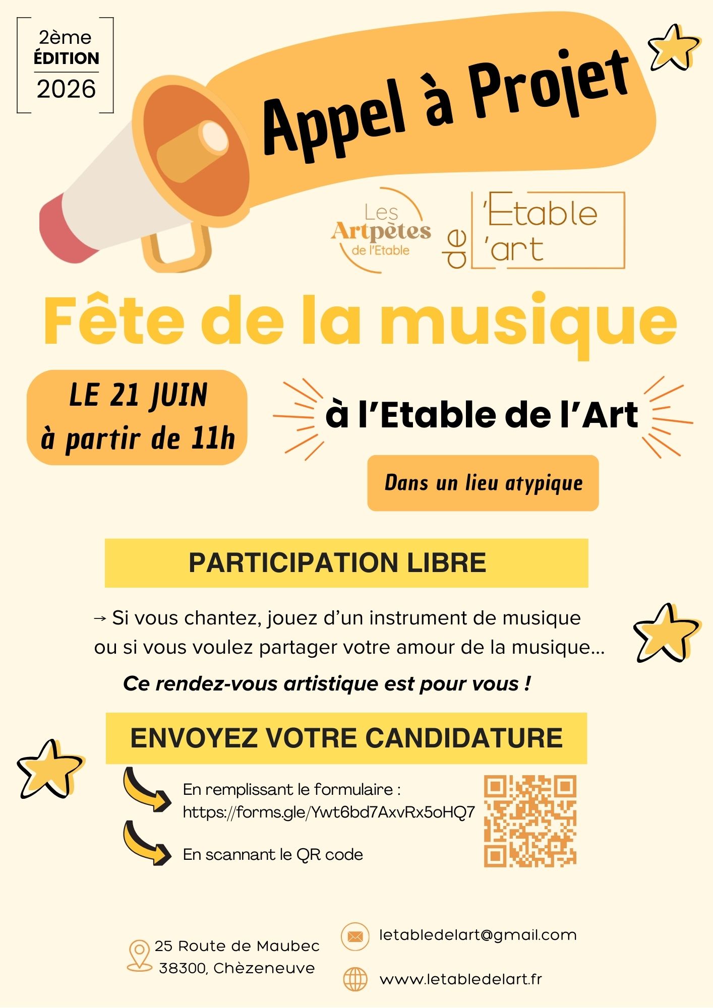 🎶 Artistes, musiciens, groupes : la scène de l’Étable de l’Art vous attend 🎸!!!
📌Pour la Fête de la Musique 🪗, on ouvre les portes et les amplis 🎸.
🪇Envie de jouer avec nous ? Candidatez en remplissant le formulaire⤵️
🎺 https://forms.gle/Ywt6bd7AxvRx5oHQ7
#fetedelamusique #concert #music #scene #appelacandidatures #FeteDeLaMusique2026 #MusiqueLive #LiveMusic #ConcertLive #SceneOuverte