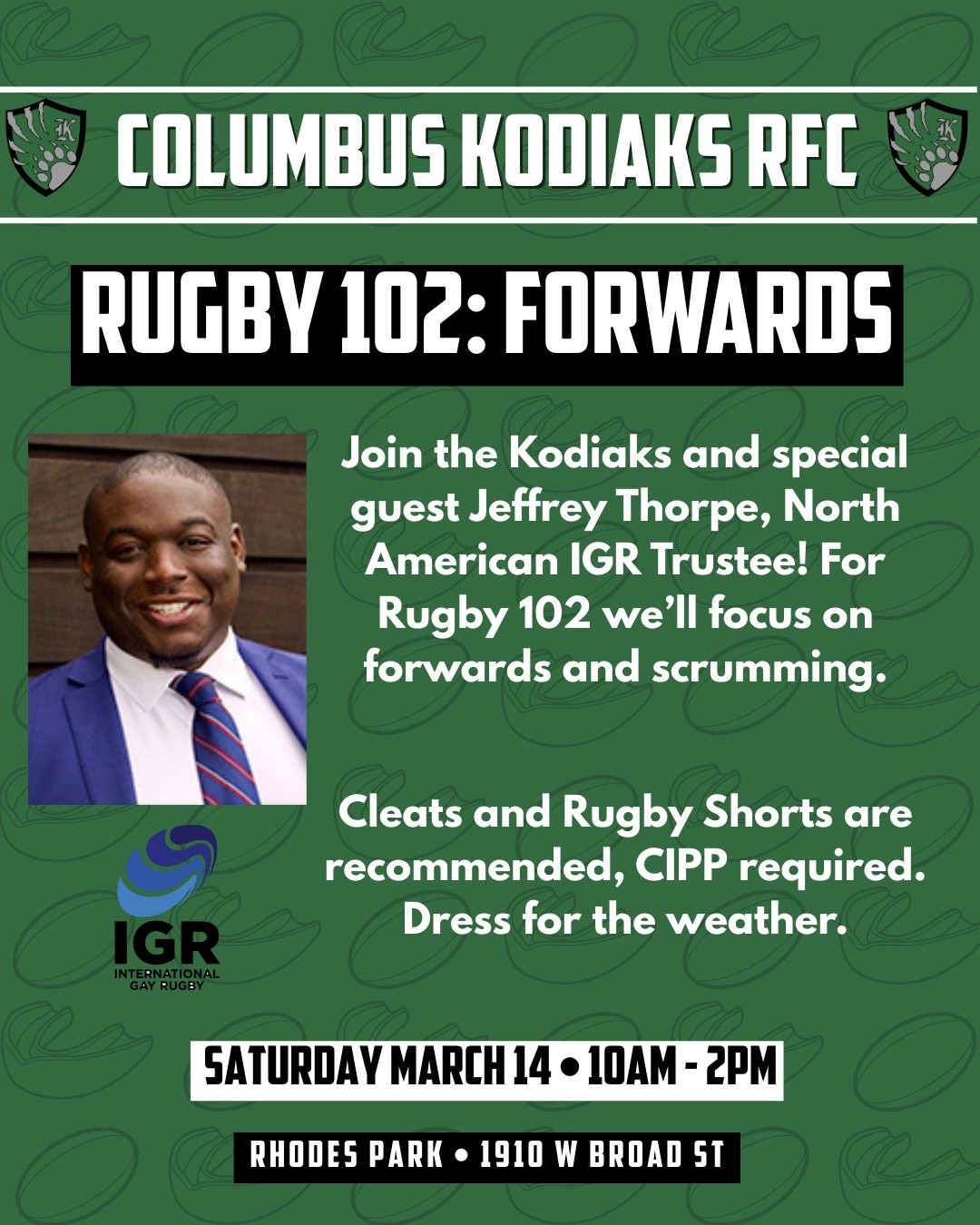 Don't forget Rugby 102 is TOMORROW from 10am-2pm at Rhodes Park! 🏉📣📣 This time, we're focusing on the Forwards, so expect a lot of scumming and contact. 🏉🏉 Bring lots of water and snacks to keep you going! 🍪 Please CIPP for this practice, DM for details. 📸 Also if you'd like to participate in team pictures please arrive at 9am.