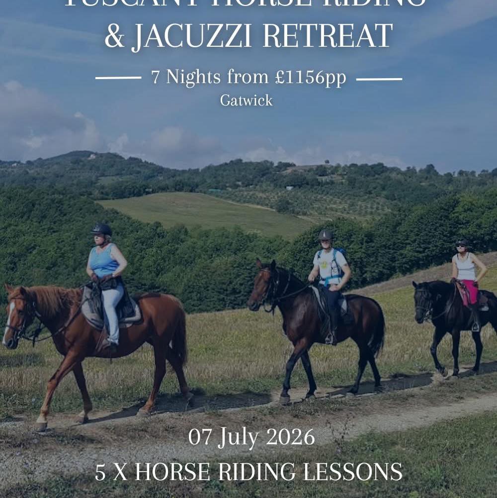 🐎 Tuscany Horse Riding & Jacuzzi Retreat
Imagine spending a week in the Tuscan countryside, riding through rolling hills, vineyards and olive groves… then relaxing back at your hotel with a well deserved soak in the jacuzzi. This is a lovely mix of adventure and relaxation in one of Italy’s most beautiful regions.
🗓 7 nights from £1,156pp
📅 Departure 7 July 2026
💰 £500 saving per couple included
Your stay is at a charming Tuscan countryside hotel, giving you the perfect base to explore the area and enjoy the slower pace of life Italy does so well.
What’s included
✈ Direct return flights with 23kg baggage
🚗 Return transfers to and from Follonica train station
🏨 7 nights in a private ensuite room with breakfast
🐎 Horse riding experiences included
• 1 hour horse riding lessons or
• 5 hours guided trail rides
🎒 All horse riding equipment provided
Example departures
✈ London Gatwick from £1,156pp (Deposit £700pp)
✈ Birmingham from £1,159pp (Deposit £700pp)
✈ Manchester from £1,245pp (Deposit £800pp)
✈ Glasgow from £1,345pp (Deposit £900pp)
✈ Dublin from £1,379pp (Deposit £950pp)
✔ No local fees payable
Perfect for anyone who loves Italy, horses and countryside escapes.
📞 07856 872978
📧 nctravel@travel-pa.com
🌍 www.nctravel.co.uk
#NCTravelUK #Tuscany #HorseRidingHoliday