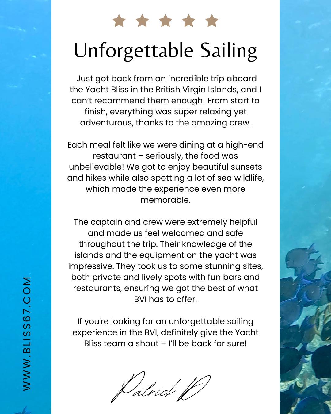 Some trips stay with you, others quietly redefine what travel should feel like.
Reading words like this from our guests means everything to us. From sunset sails and hidden coves to unforgettable dining experiences on board, every detail is designed to create something truly special.
To know that Bliss delivered not just a holiday, but a feeling of ease, adventure, and lasting memories, makes us proud, as that is exactly why we do what we do.
To Patrick deanteam_stl thank you for trusting us with your time in the BVI. We will have many more memories and stories for your next song on your return.
Special thanks to Trish Cronan oceangetaways for trusting us with your clients, we look forward to many more trips through you.
Ready to experience Unforgettable Sailing for yourself? Reach out to your preferred broker or reach out to us for a guiding hand.
#blisssailing #luxuryyachtcharter #LuxuryYachtCharter #luxuryyachtcharters #luxuryyachtcharterbvi #Caribbean #bliss #caribbeanbliss #luxury #travel #luxurytraveller #LuxuryTravel #luxurytravelgoals