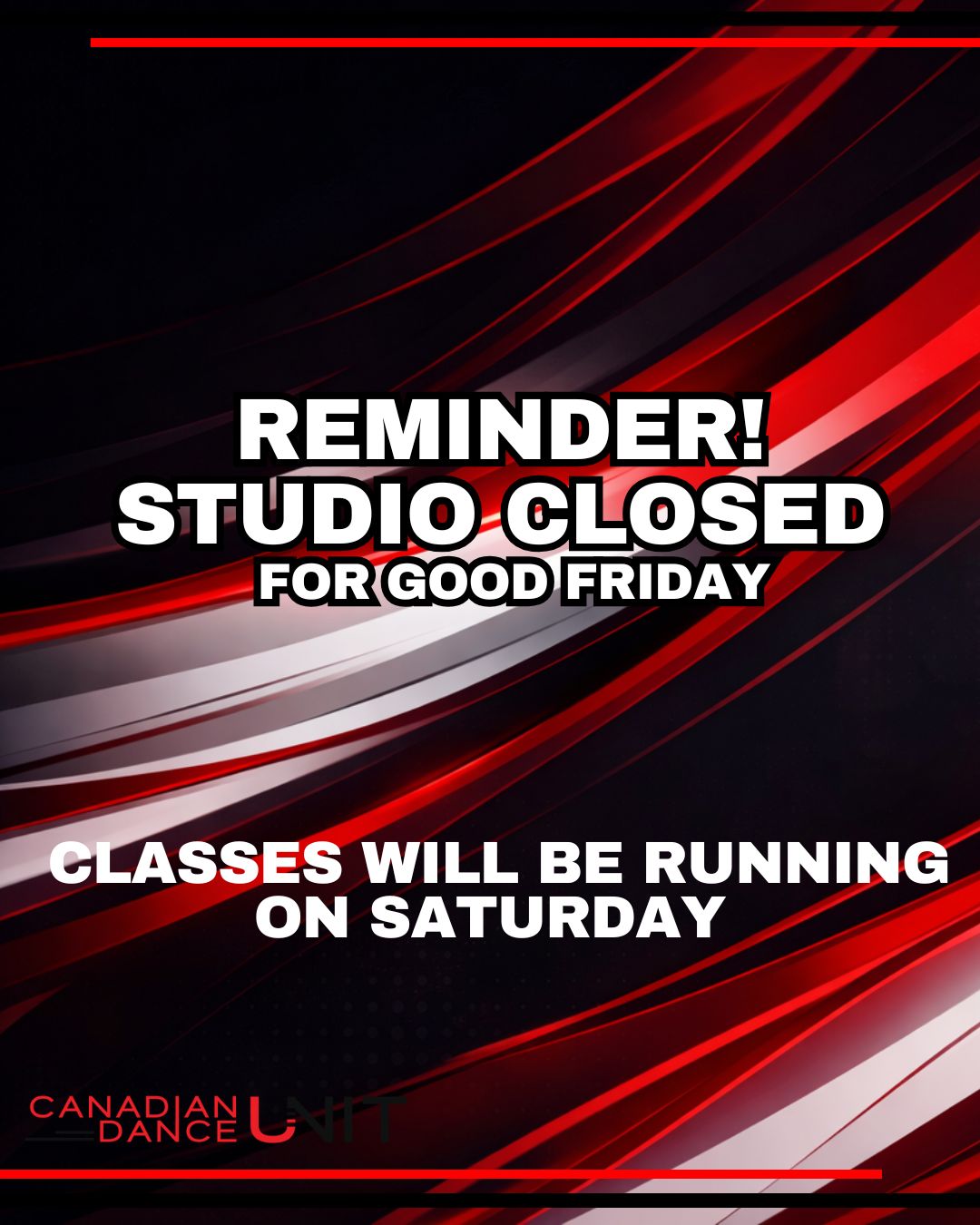 The studio is closed today for Good Friday. We will reopen on Monday and look forward to seeing all of our dancers back in class! ❤️