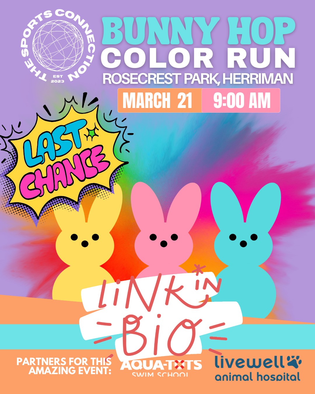 🐰🌈 Last Chance to Hop In! 🌈🐰
Registration for the Bunny Hop Color Run is closing soon and this is your final chance to join the fun on March 21 at Rosecrest Park!
Grab your crew and get ready for a morning full of color powder, music, smiles, and springtime energy. This family-friendly run is all about fun — walk, jog, or run your way through the color zones!
Spots are almost gone, so sign up now — link in bio!
#BunnyHopColorRun #HerrimanEvents #ColorRun #FamilyFun #RosecrestPark #GetOutAndPlay #SportsConnectionUtah