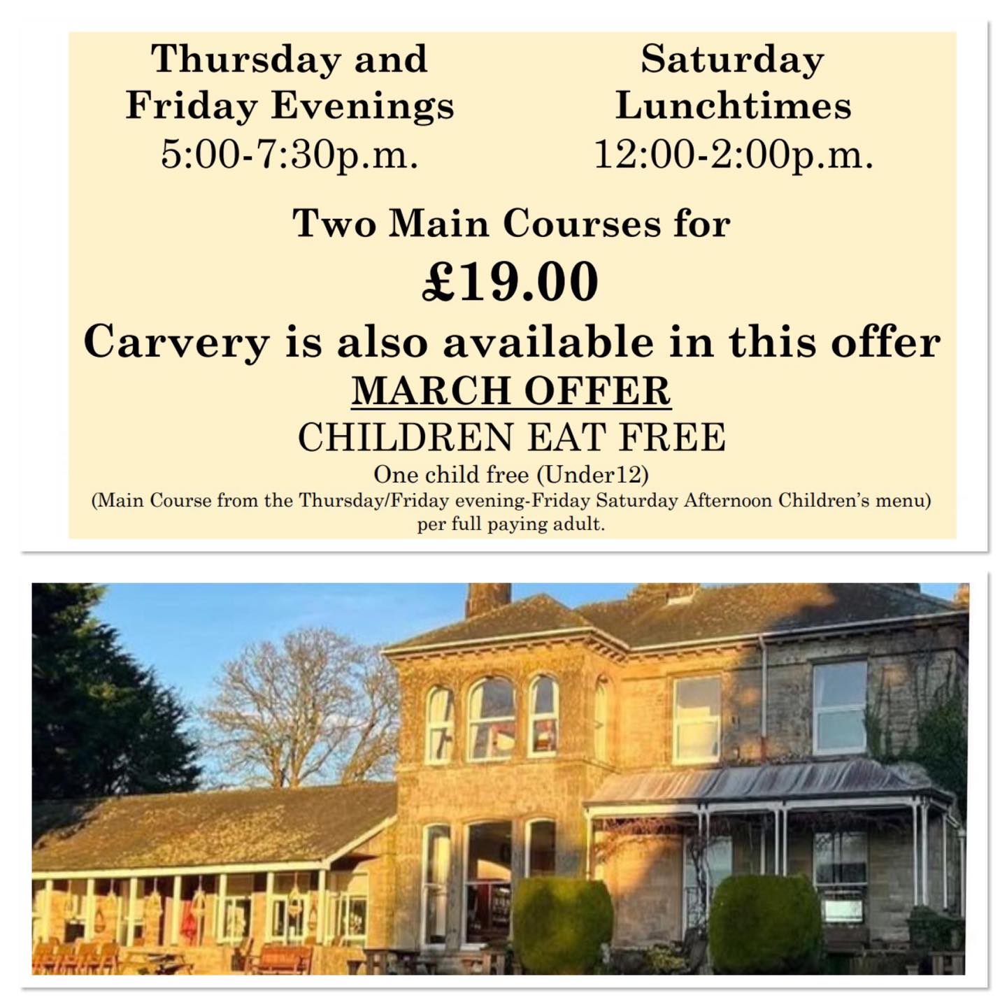 Saturday
Lunchtimes
12:00-2:00p.m.
Thursday and Friday
Evenings
5:00-7:30p.m.
01900 824400