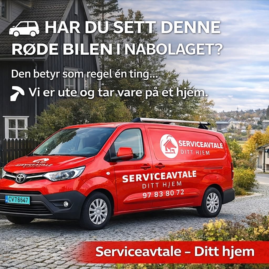 🚗 Har du sett disse røde bilene langs veien?
Kanskje du har lagt merke til de på vei til jobb, på butikken eller i nabolaget ditt. Når du ser de røde Serviceavtale-bilene betyr som regel én ting:
🔨 Vi er ute og hjelper noen med huset sitt.
Vi jobber hver dag med:
✔ Vedlikehold av bolig
✔ Terrasse og utvendig arbeid
✔ Små og store tømreroppdrag
✔ Årlig kontroll av bolig
Målet vårt er enkelt:
Å gjøre det tryggere og enklere å eie bolig.
Så neste gang du ser den røde bilen langs veien – da er vi sannsynligvis i gang med et nytt prosjekt i nærheten. 👋
Trenger du hjelp til noe hjemme?
📩 Send oss en melding her på facebook
🌐 www.serviceavtale.no