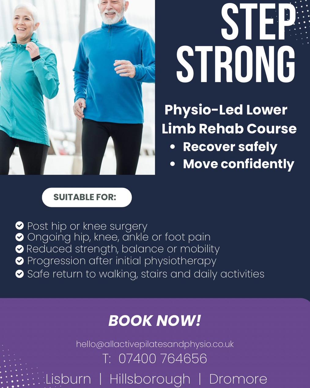 Next Step Strong Rehab Block Starts 26th March
Our next Step Strong Hip & Knee Rehab course begins on 26th March and runs for 6 weeks.
This physio-led lower limb rehabilitation programme is suitable for people who are:• Recovering from hip or knee surgery•
Managing ongoing hip, knee or lower limb pain•
Looking to rebuild strength, stability and confidence in movement
Spaces are limited, so early booking is recommended.
📧 Book now: hello@allativepilatesandphysio.uk
📞 Phone: 07400 764656