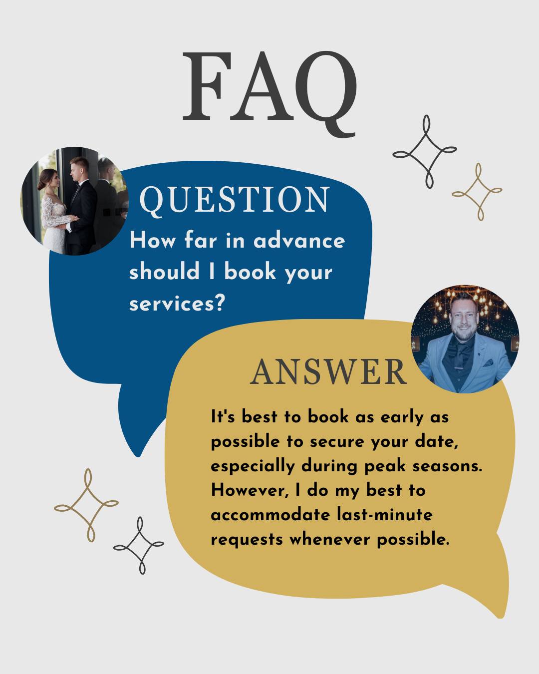 Here's the reality - the best wedding dates (May-September Saturdays) book up FAST. Sometimes 12-18 months in advance.
But I also understand that sometimes plans change, or you discover me late in your planning process. I always do my best to accommodate last-minute requests when my calendar allows 💛
My advice? If you've found your venue and set your date, secure your entertainment next. Don't wait until everything else is sorted - you might miss out on your preferred suppliers.
Already have a date in mind? Drop me a DM and let's check availability 💬
Better to enquire early and secure your date than to find out I'm already booked ✨