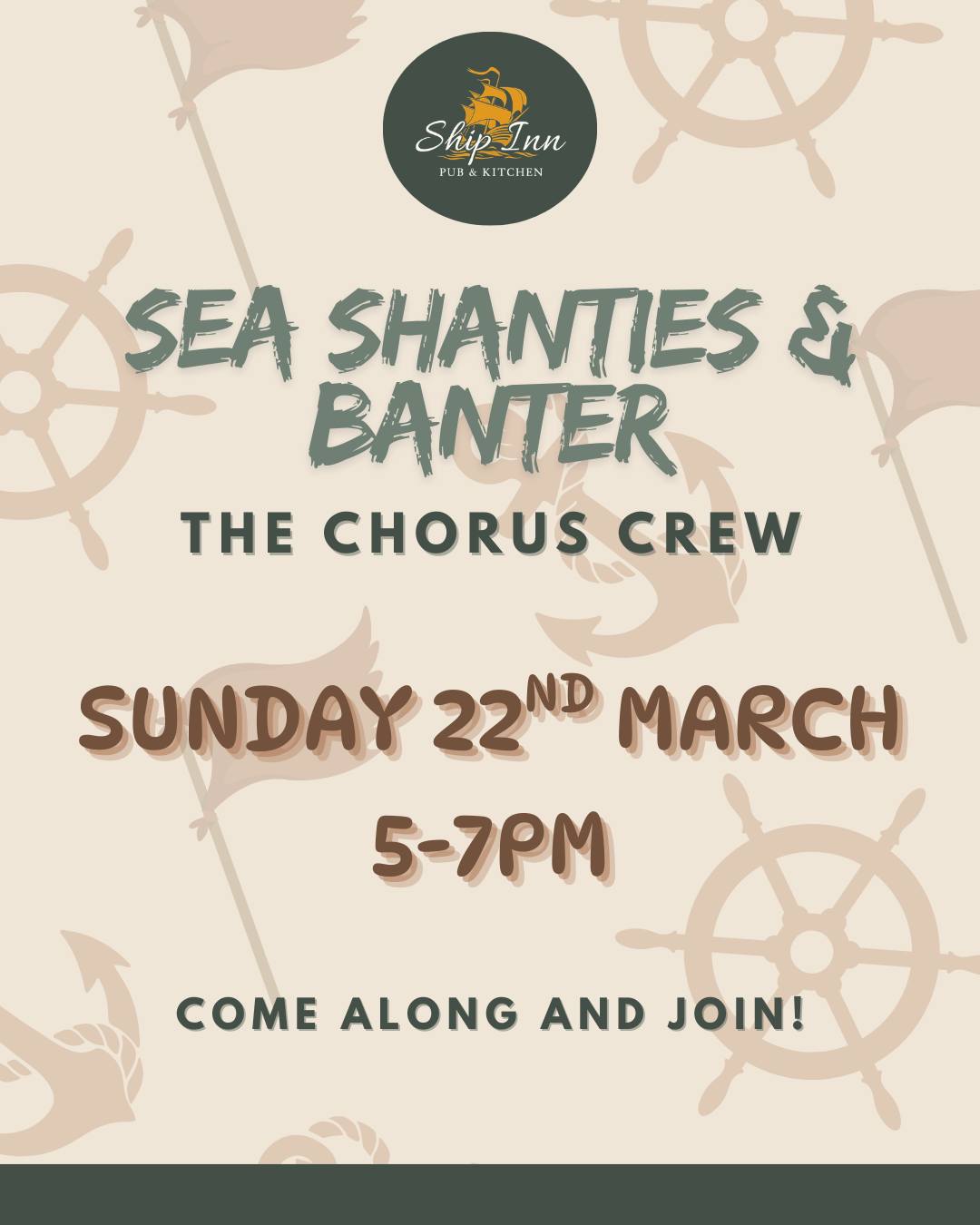 Join us for an afternoon of music, laughter and proper pub atmosphere as The Chorus Crew bring the sea shanties to life.
No tickets needed – just come along and join the fun.
⚓️ See you there!