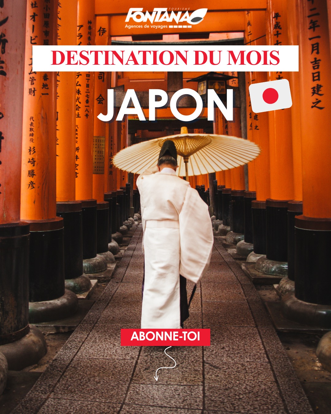 Destination du mois : le Japon 🇯🇵
Entre traditions millénaires et modernité fascinante, le Japon est une destination unique au monde.
Temples paisibles à Kyoto, énergie incroyable de Tokyo, paysages du Mont Fuji ou encore gastronomie raffinée… chaque étape est une expérience.
✨ Pourquoi voyager au Japon ?
• Découvrir une culture fascinante
• Admirer des paysages spectaculaires
• Vivre un dépaysement total entre tradition et modernité
Chez Fontana Tourisme, nous créons votre voyage au Japon sur mesure : itinéraires personnalisés, hébergements typiques, expériences authentiques.
📩 Envie de découvrir le Japon ? Contactez-nous pour imaginer votre voyage.
#Japon #VoyageSurMesure #DestinationDuMois #VoyageAuJapon #FontanaTourisme