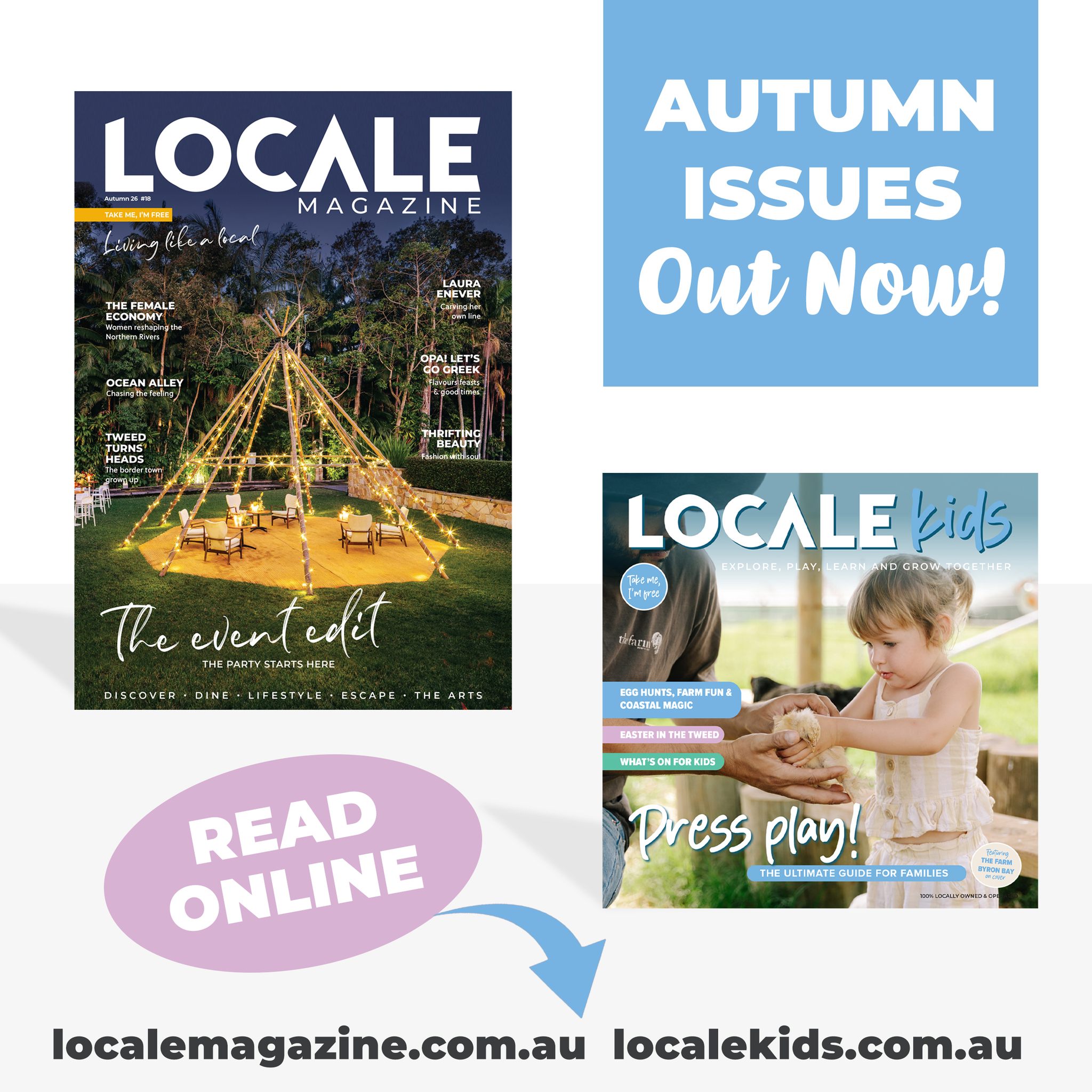 Autumn has arrived in Locale Magazine & Locale Kids! 🍂 Dive into the stories, businesses, and experiences shaping the Northern Rivers & Gold Coast. Explore more at www.localemagazine.com.au and www.localekids.com.au
Winter bookings are now open — but spots go fast! Showcase your business or story with an ad, advertorial, What’s On listing, or online directory placement. Options to suit every budget, reaching engaged locals who value community voices.
Got a story idea? An inspiring project, local business, or event? Share it and be part of our next issue!
Locale isn’t just a magazine — it’s a platform to connect, celebrate, and make an impact.
📩 DM us or email hello@localemedia.com.au to submit your story or book your placement today!
.
.
#LocaleMagazine #LocaleKids #NorthernRivers #GoldCoastLife #SupportLocal #LocalBusiness #CommunityStories #ExploreLocal #SmallBusinessFeature #YourStoryMatters