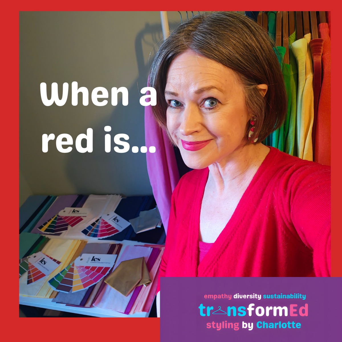 Red is one of the colours I always come back to even though there are others I also love wearing. But it has to be a Charlotte red and this Kettlewell merino wool jumper I bought some time ago second hand is the perfect warm, bright Charlotte colour. Reds are the first group of colours I drape colour analysis clients with. I wonder if the 'Charlotte red' will also suit tomorow morning's client?
#mybestcolours #colouranalysishull #sustainablestyle