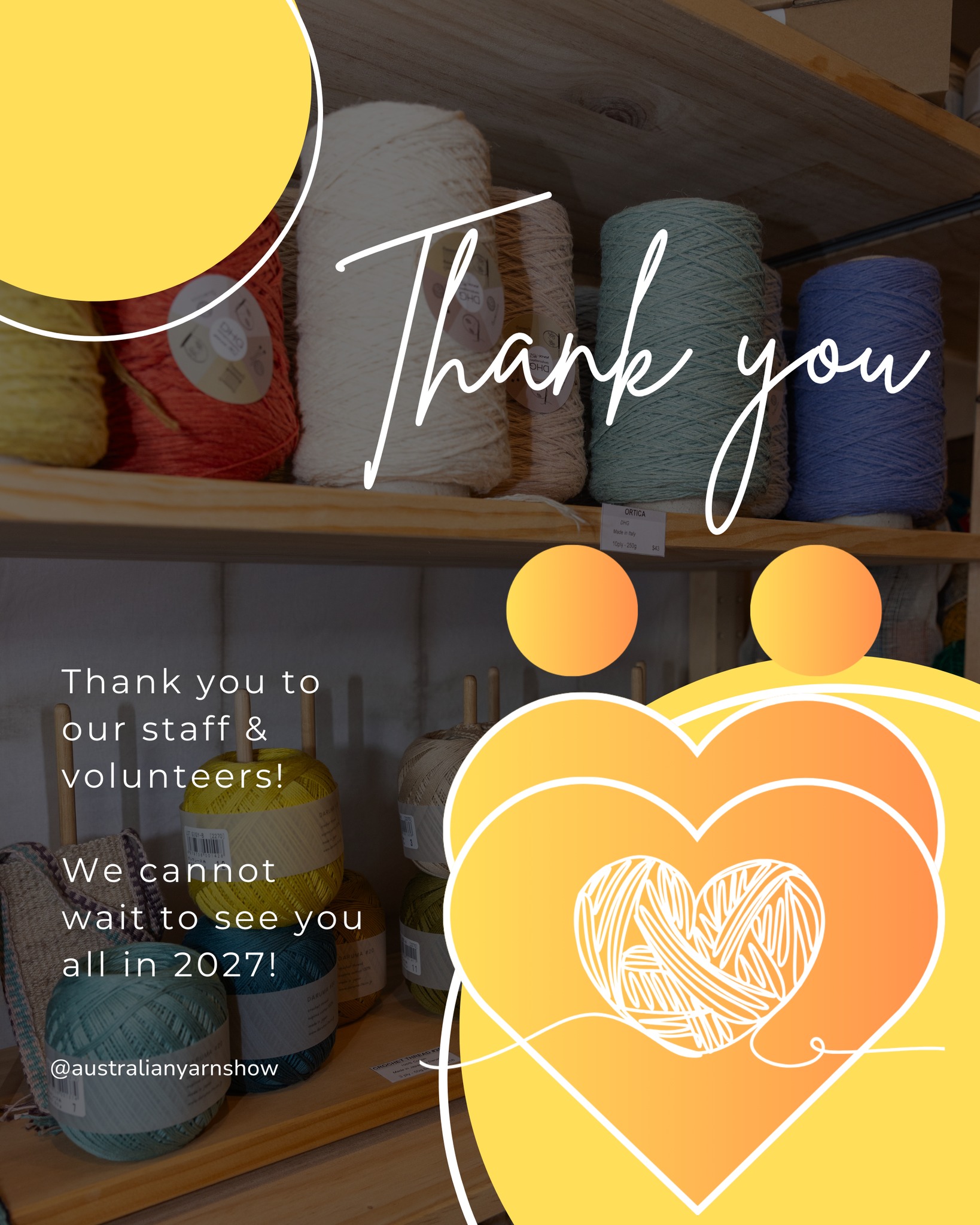 The Australian Yarn Show simply would not be possible without the incredible people working behind the scenes, and we want to take a moment to extend our deepest thanks to everyone who helped bring this year’s event to life 🌟
To our dedicated staff and volunteers, thank you for your time, energy and commitment over the weekend. From helping with registrations and guiding attendees, to supporting workshops, speakers and stallholders, your generosity and willingness to step in wherever needed made a big difference 🫶
A very special thank you also goes to the Knitters Guild of NSW (Capital Region) and the Canberra Weavers and Spinners, who generously volunteered their time throughout the weekend. Your support in helping attendees with questions, assisting new makers with demonstrations and advice and providing guidance for accessibility needs made a real difference in creating the welcoming and inclusive environment we strive for at the Australian Yarn Show 🧡
Your kindness, knowledge and community spirit embody everything that makes the yarn world so special 🧶
Thank you to our entire team for helping us create such a warm, supportive and vibrant event for everyone who attended 💛