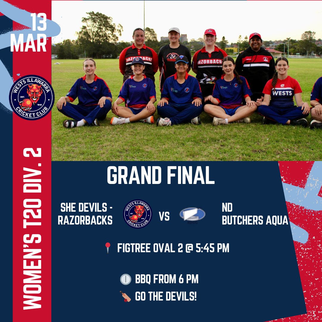 ๐ T20 FINAL NIGHT!
Our She DevilsโRazorbacks face ND Butchers Aqua tomorrow at Figtree Oval 2 in the Womenโs T20 Division 2 Final ๐ฅ
Come down, support the girls and enjoy the cricket!
๐ญ BBQ from 6pm โ grab a snag and cheer on the Devils ๐ด๐ต
#SheDevils #Razorbacks #WestsDevils #T20Final #WomensCricket #SupportLocalCricket #WestsIllawarraCricketClub #GoTheDevils