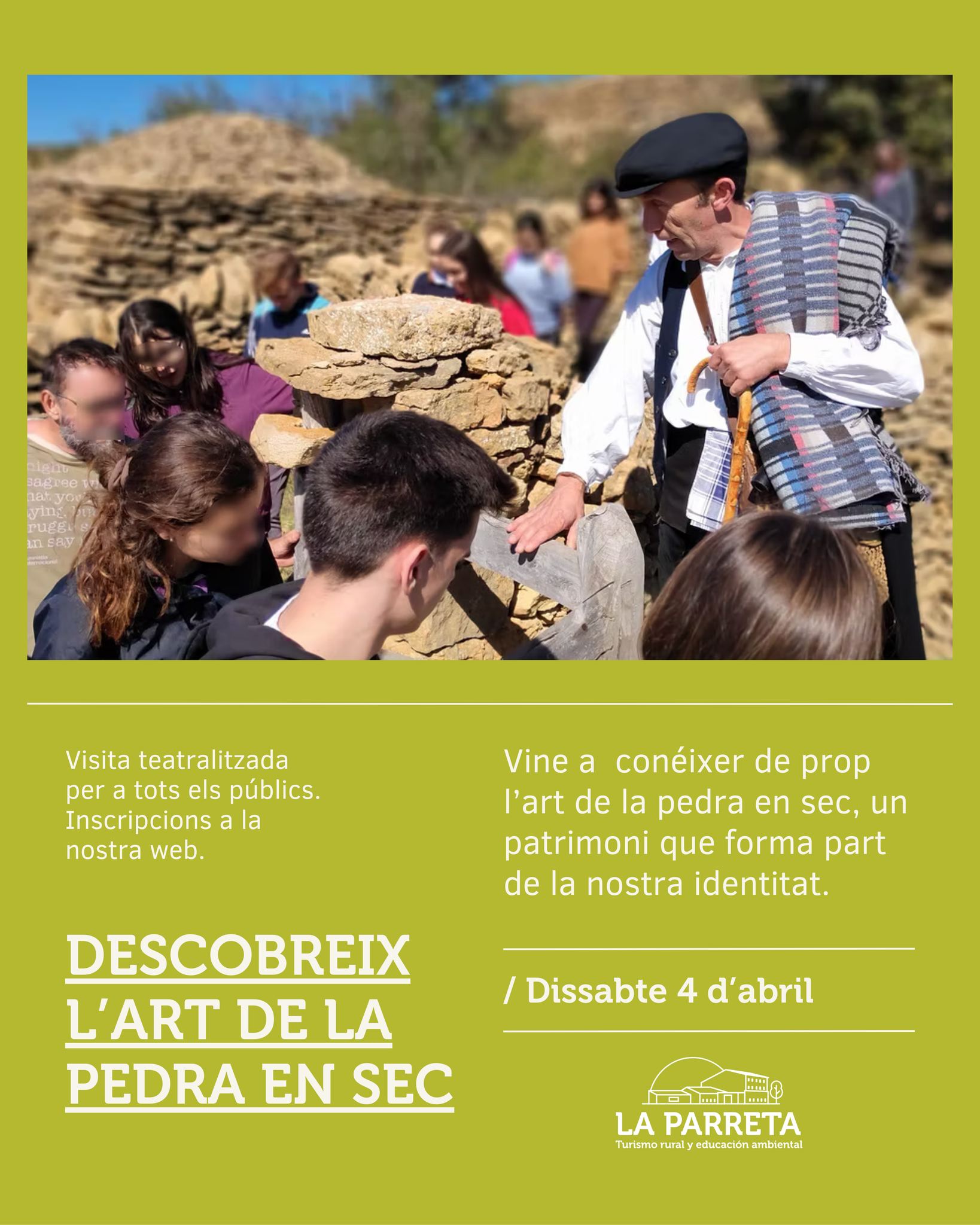 🌿 Visita teatralitzada de la pedra en sec aquesta Pasqua!
El pròxim dissabte 4 d’abril vos proposem una experiència diferent per descobrir el paisatge que ens envolta.
Acompanyats per Federico Tena, gran coneixedor d’estos paisatges, farem un agradable passeig per entendre millor el món de la pedra en sec: les seues històries, curiositats i el valor d’este patrimoni tan nostre.
📍 Eixida des de l’Alberg La Parreta
📅 Dissabte 4 d’abril
👉 Reserva la teua plaça i vine a viure-ho amb nosaltres!
#LaParreta #PedraEnSec #ElsPorts #TurismeRural #patrimoni