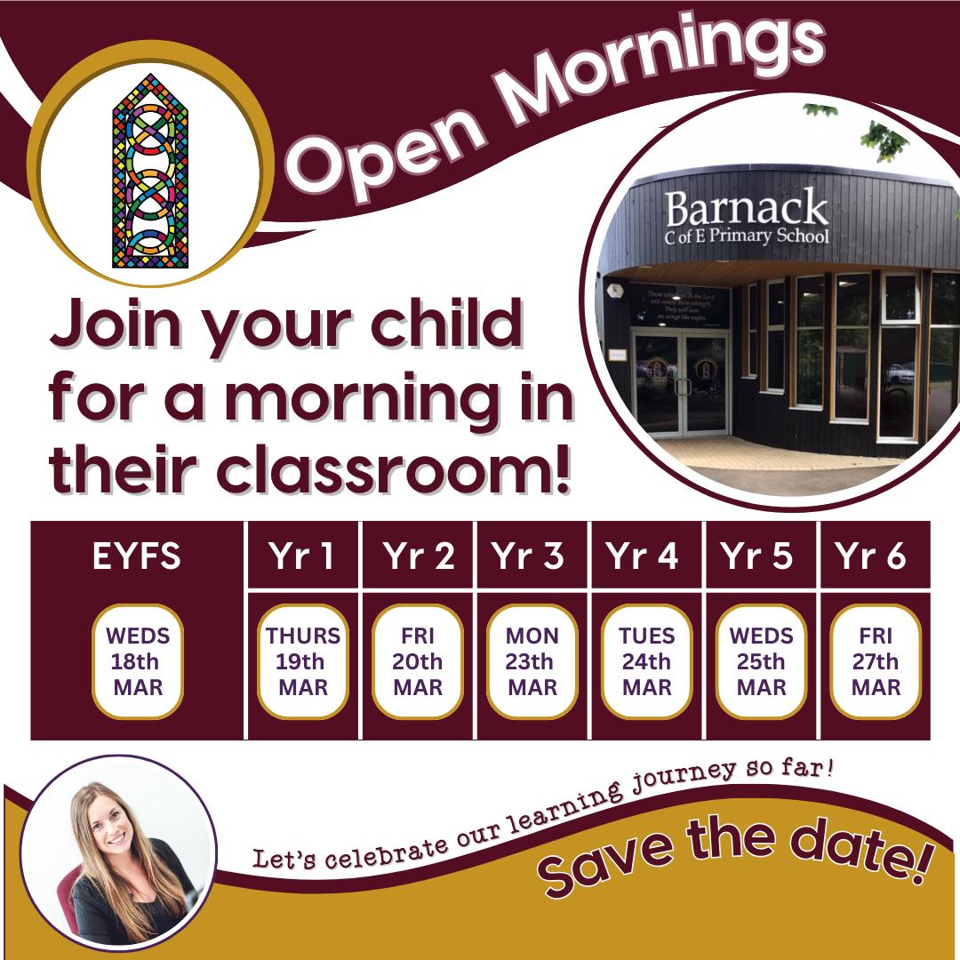 Pop along to our parent open mornings!
📚 This is a wonderful opportunity for you to spend a short time in class with your child, see the learning environment and look through their books to celebrate the progress they have been making. You will be able to see the work they are proud of and get a real sense of what learning looks like in their classroom each day.💫
Open Mornings will take place from 8:30am – 9:00am on the following dates:
EYFS: Wednesday 18th March
Year 1: Thursday 19th March
Year 2: Friday 20th March
Year 3: Monday 23rd March
Year 4: Tuesday 24th March
Year 5: Wednesday 25th March
Year 6: Friday 27th March
We can't wait to welcome you 😊
Don't forget to also book your virtual parents evening from 17th - 19th March 🗓
.
.
#virtualparentsevening #OpenMorning #SchoolCommunity #LearningEnvironment #savethedate #barnack