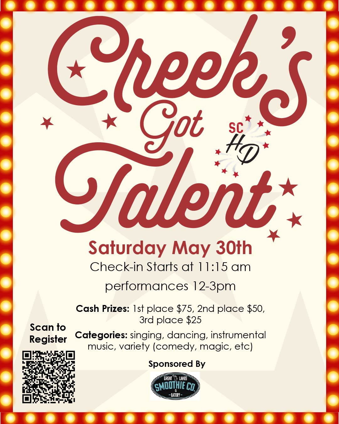Creek’s Got Talent will take place during Hometown Days weekend on Saturday, May 30, and we’re looking for youth performers to take the stage.
If you sing, dance, play an instrument, or have another special talent, we’d love to see it!
Register here:
https://docs.google.com/forms/d/e/1FAIpQLSd-8odUqhGZzEwh27ESm_F_y5LGTLcGnnHaGXpCXR4PIA4INg/viewform