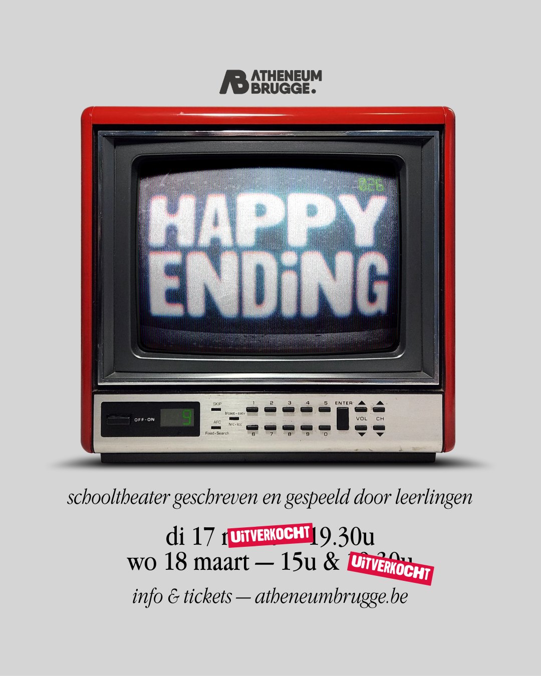 De beide avondvoorstellingen van 'Happy Ending' zijn bij deze UIT-VER-KOCHT! Er zijn nog tickets beschikbaar voor de matinee op woensdag 18 maart. Tickets daarvoor koop je via atheneumbrugge.be! Mis dit niet!
—
#ikbeneenatheneeër #fieroponsgo #ABtheater