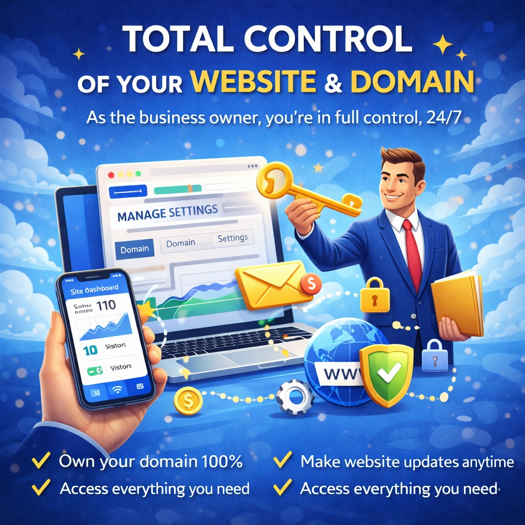 Your website. Your domain. Your control.
When you create a website for your business, it’s important that you remain the owner and have full control at all times.
At One Click Website Designers, we believe business owners should always have access to their website and domain.
That means you can:
✔ Own your domain name
✔ Access your website dashboard anytime
✔ Make updates when needed
✔ Monitor visitors, leads, and activity
✔ Stay in full control of your online presence
Your website is a valuable asset for your business, and you should always be able to manage it and access everything connected to it.
We design websites that give business owners transparency, flexibility, and full access from day one.
📞 516-779-0966
🌐 https://www.oneclickwebsitedesigners.com
Professional websites built for small businesses.
#WebsiteDesign #SmallBusiness #OwnYourWebsite #BusinessGrowth #DigitalPresence #Entrepreneurs #LongIslandBusiness #WebsiteOwnership