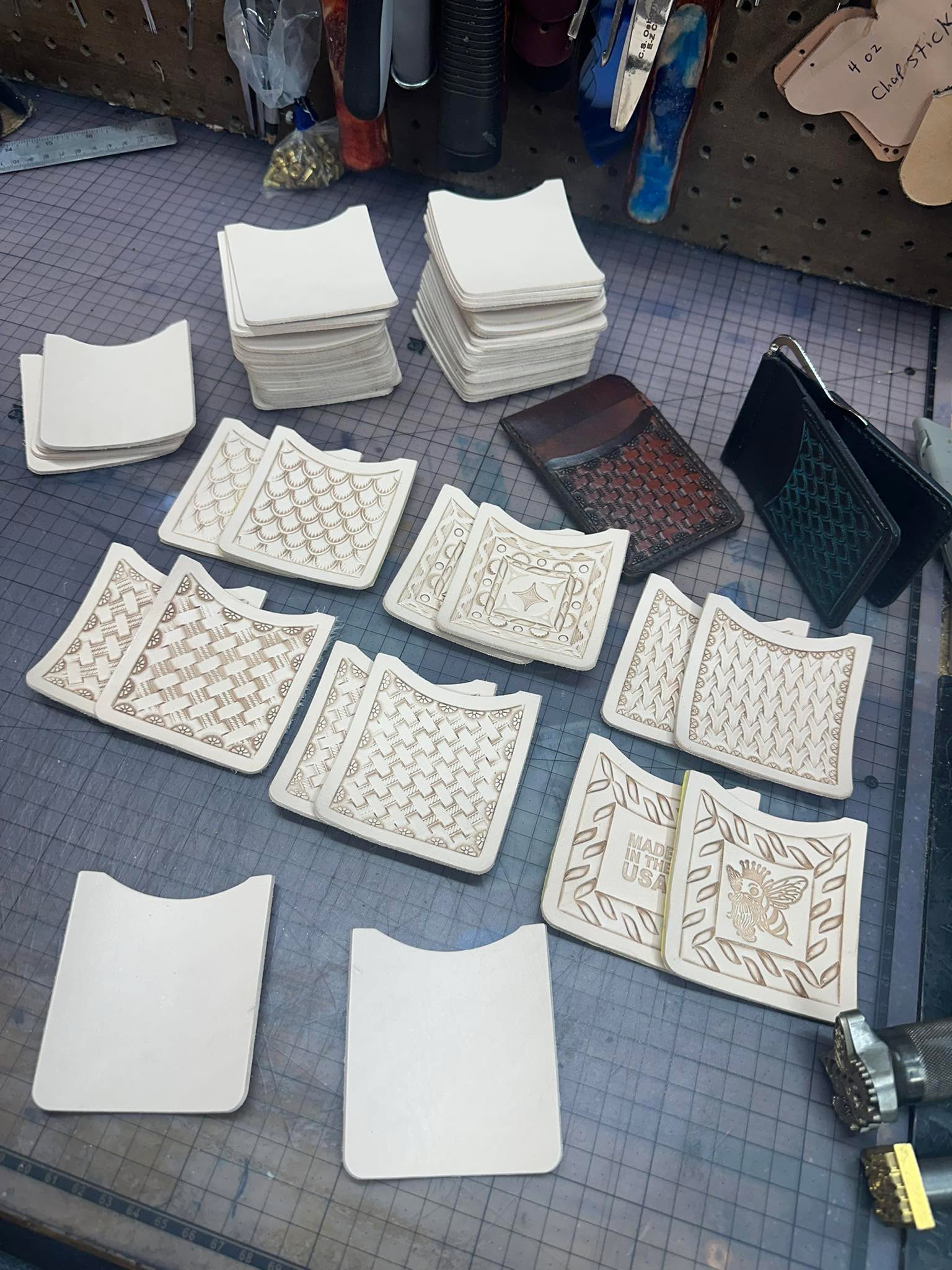 6 sets down… a few more to go.
If you’re thinking about getting one with your brand, initials, or custom artwork, now’s the time to get it paid for and on the schedule!
Because let’s be honest — I’d like to afford gas this month without taking out a second mortgage.
Pricing: (card wallet & money clip)
Geometrics — $80–$100
Geometric with initials / brands — $100–$140
If you want something with a crazy amount of detail (Rembrandt, Mona Lisa, Picasso level stuff), shoot me a message and we’ll work up an estimate. Custom spots are limited.