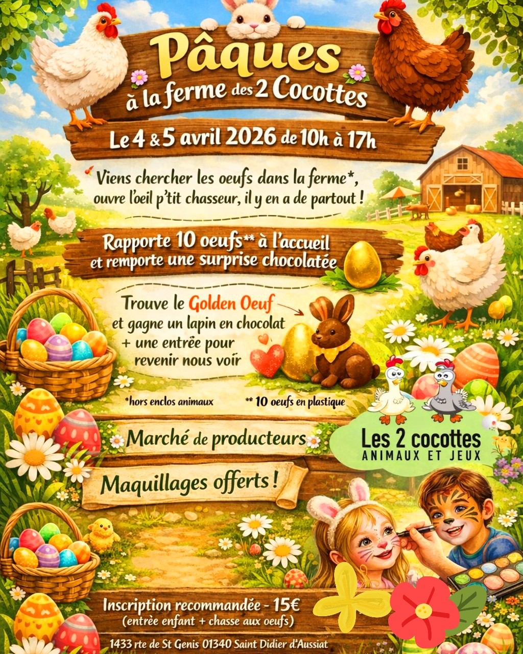 🐣🌼 LA GRANDE CHASSE AUX ŒUFS EST DE RETOUR ! 🌼🐣
📅 4 & 5 avril 2026 – de 10h à 17h
📍 À la ferme des 2 Cocottes / Ain - 01
Les cloches de Pâques passent à la ferme… et elles ont caché des centaines d'œufs ! 🍫🥚
👀 Petits chasseurs, ouvrez l'œil !
Partez à la recherche des œufs cachés dans la ferme.
Ramenez 10 œufs à l’accueil et repartez avec une surprise chocolatée ! 😋
✨ LE DÉFI DU GOLDEN ŒUF 🥚
Trouve l'œuf doré et gagne :
🐰 un lapin en chocolat
🎟 une entrée pour revenir à la ferme
🎨 Maquillage offert pour les enfants
🧺 Marché de producteurs Français
🐔 Animaux de la ferme & jeux pour les enfants
💰 15€ par enfant
(chasse aux œufs + entrée enfant + entrée pour un parent)
⚠️ Places limitées — inscription recommandée 🎫
📍 Ferme des 2 Cocottes
1433 route de Saint-Genis
01340 Saint-Didier-d’Aussiat
👉 Tague les amis avec qui tu veux venir à la chasse aux œufs !
On vous attend pour un week-end gourmand et festif à la ferme ! 🌿🐓
👇 Pour plus d'infos : 👇
https://www.les2cocottes.fr/book-online
@les_abeilles_de_mellonia Sans Trop De Shishi @shishi_maquilleuse_enfant Saveurs Provence
Région Auvergne-Rhône-Alpes Ville de Bourg-en-Bresse Ville de Mâcon