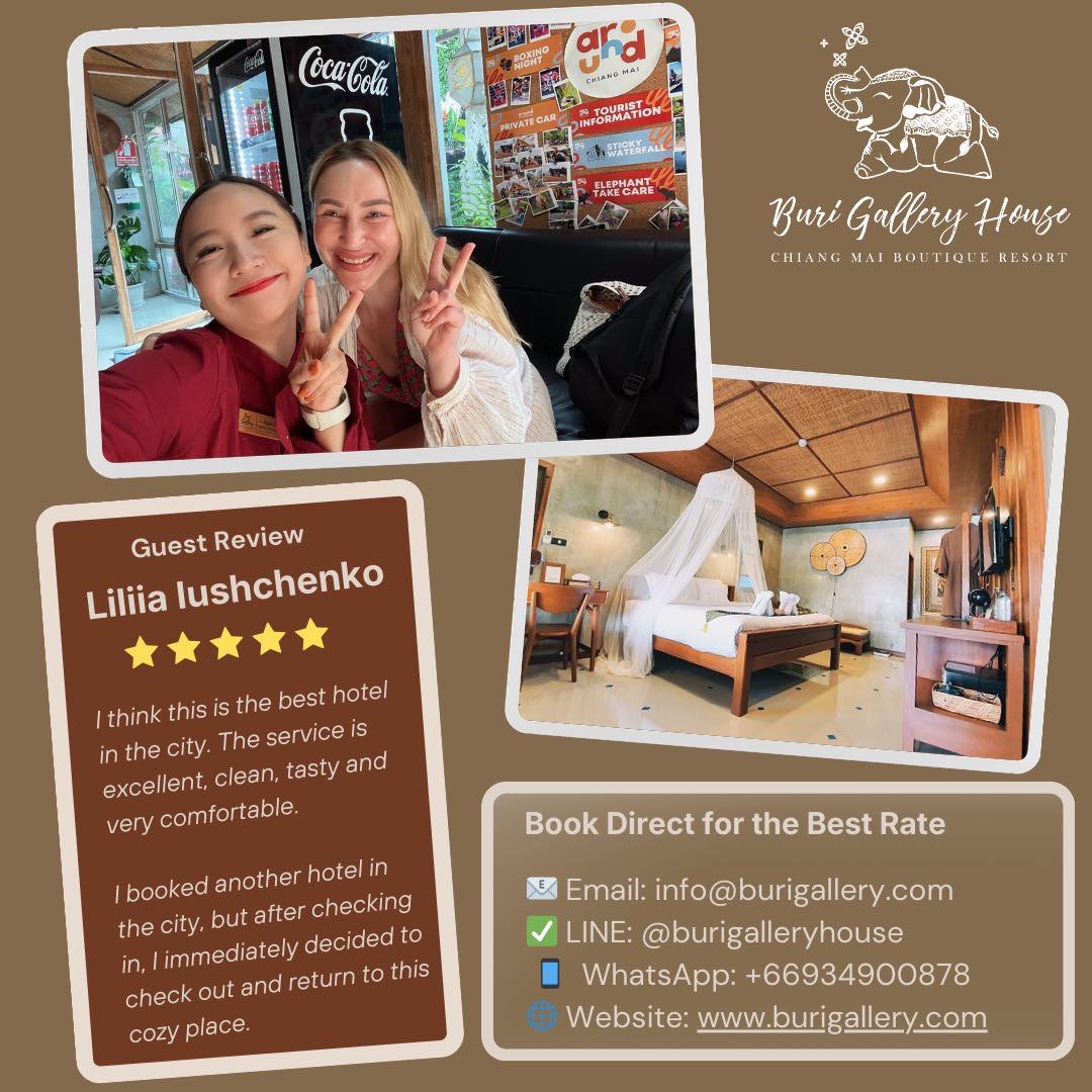 Nothing makes us happier than hearing words like this.
Thank you Lillia from Russia for your wonderful review and for choosing to stay with us at Buri Gallery House Chiang Mai.
We are so happy that you felt comfortable and at home here in Chiang Mai. Your kind words truly mean a lot to our team.
We hope to welcome you back again someday.
Book direct for an amazing stay.
📧 Email: info@burigallery.com
📱 WhatsApp: +66 93 490 0878
📍 Buri Gallery House Chiang Mai
#BuriGalleryHouse
#BuriGalleryHouseChiangMai
#ChiangMaiBoutiqueHotel
#boutiquehotelchiangmai