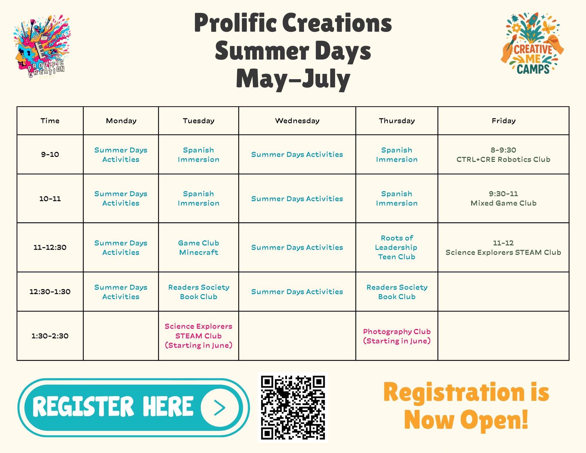 Summer at Prolific Creation Studios!
We’re excited to offer a full week of engaging summer experiences for students here in Tucson. Families can pick and choose individual days, join specific clubs, or attend the full week depending on what works best for their schedule.
📅 Weekly Summer Schedule
Mondays & Wednesdays
☀️ Summer Days Activities | 9:00 AM – 1:30 PM
Camp-style activities with hands-on projects, games, creativity, and collaborative challenges.
Tuesdays & Thursdays
🇪🇸 Spanish Immersion | 9:00 – 11:00 AM
🎲 Clubs | 11:00 AM – 1:30 PM
Fridays
🎲 Clubs & Activities | 8:00 AM – 12:00 PM
Students can explore a variety of interests including Spanish, robotics, science, reading, strategy games, leadership, photography, and more through our clubs and programs.
Families have the flexibility to choose specific clubs, attend certain days, or join us for the entire week.
Registration is now open!