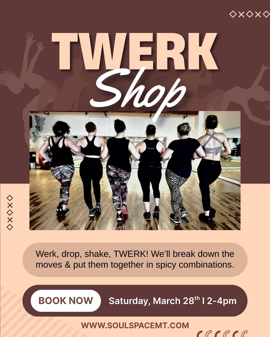 Your twerk-out awaits and includes everything from somatic experiencing and breathwork to conditioning for strength & flexibility, plus a whole lot of dancing. Curious about this All Levels class? Visit www.soulspacemt.com for more details.