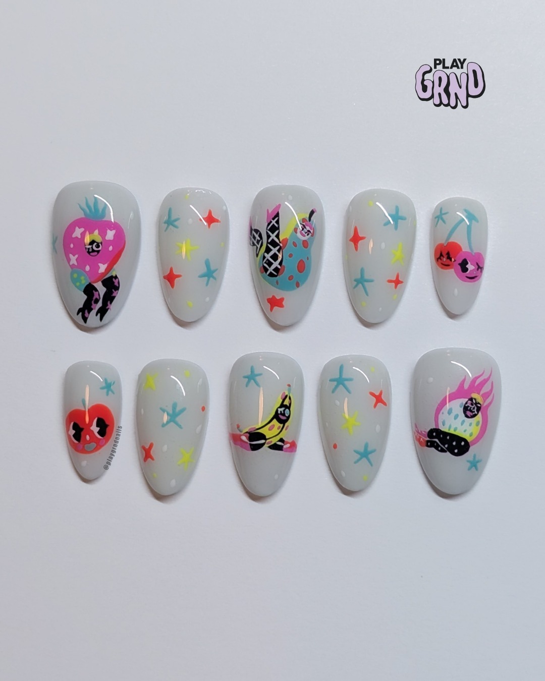 Fruit Fizz 🍒
This was another free mystery set that my client earned with her Nail Bestie points. The artwork inspo for this design came from @sonialazo and I’m literally obsessed with how these cuties turned out. 🔥
Looking for the ultimate press-on set? Head to my site to shop the full lineup of hand-painted, ready-to-order designs. And don't forget to join the Nail Bestie rewards program so you can start racking up points for free sets! 🖤
#playgrndpressons #playgrndnails #fruitnails #nailbesties #handpaintednails