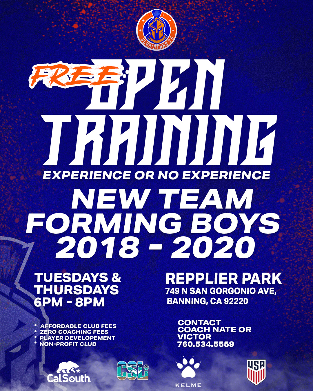 🚨 New Team Forming! 🚨
Gladiators FC is opening FREE open training for boys born 2018–2020.
Our mission is simple:
Develop players, build confidence, and teach the fundamentals of the game.
📍 Repplier Park – Banning
🗓 Tuesdays & Thursdays | 6–8PM
Come see what Gladiators FC is building in our community.